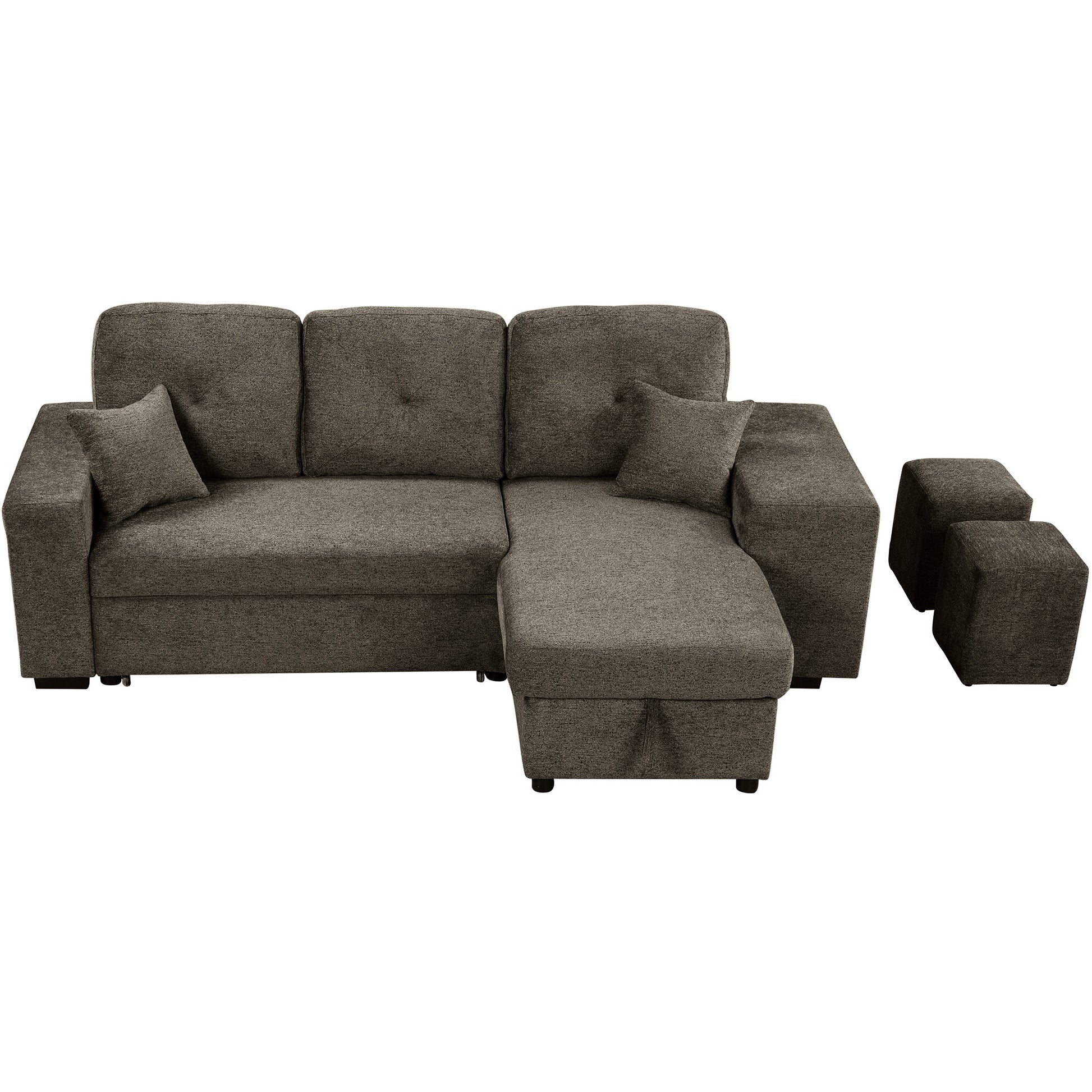 Dark grey fabric sectional sofa with chaise and two ottomans