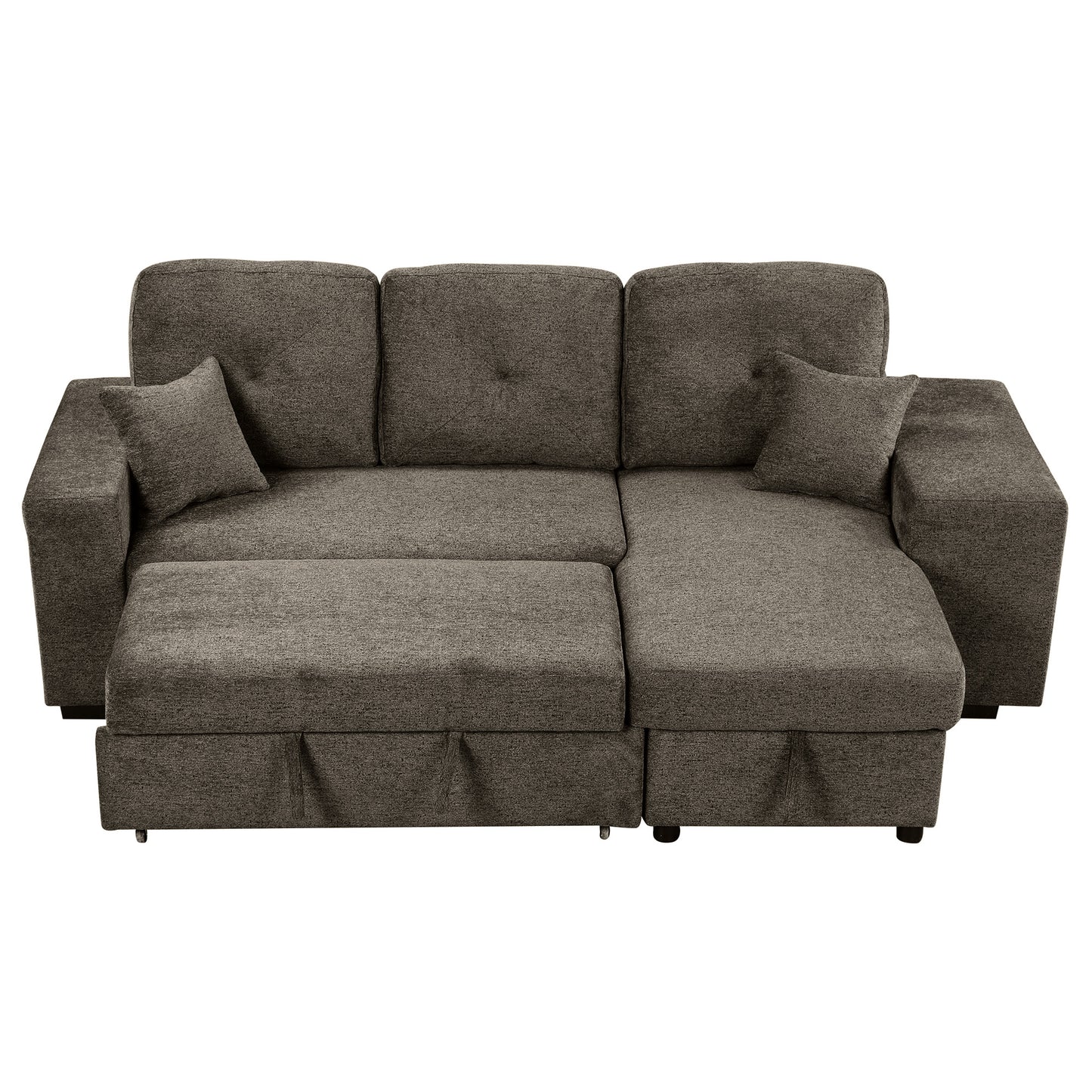 Modern sectional sofa in charcoal grey fabric with tufted cushions and chaise