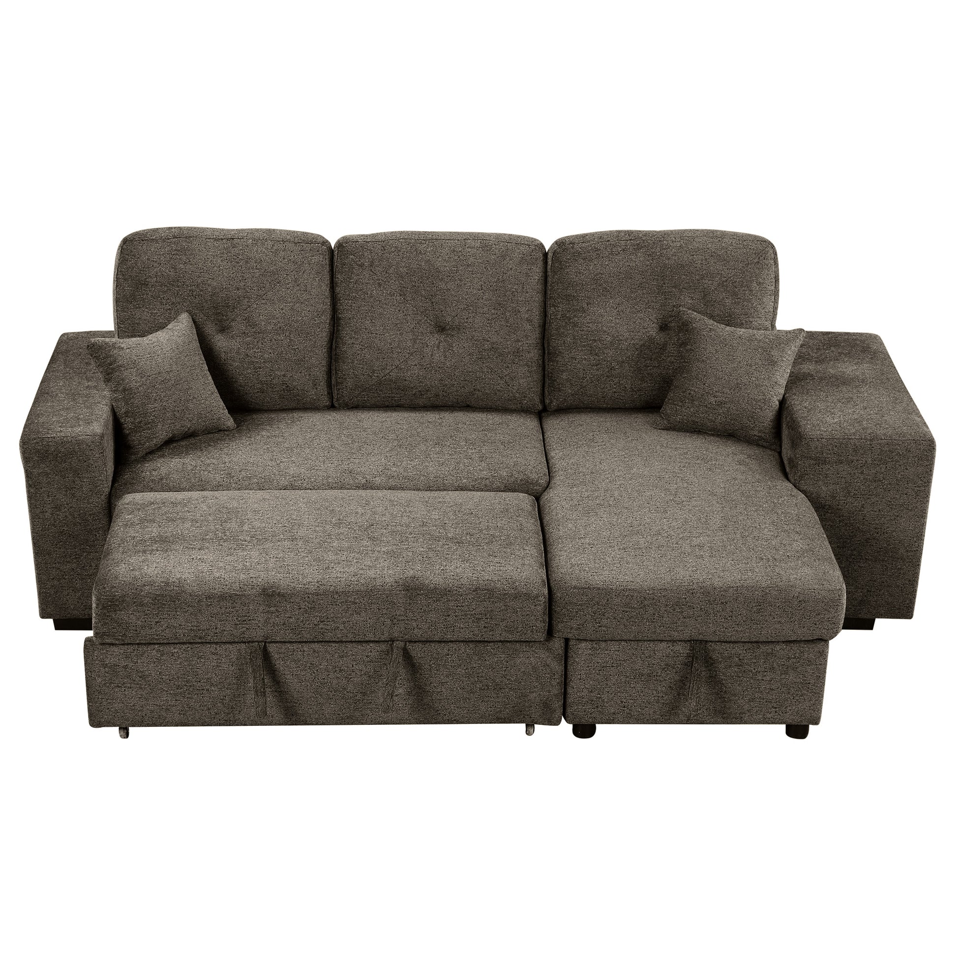 Modern sectional sofa in charcoal grey fabric with tufted cushions and chaise