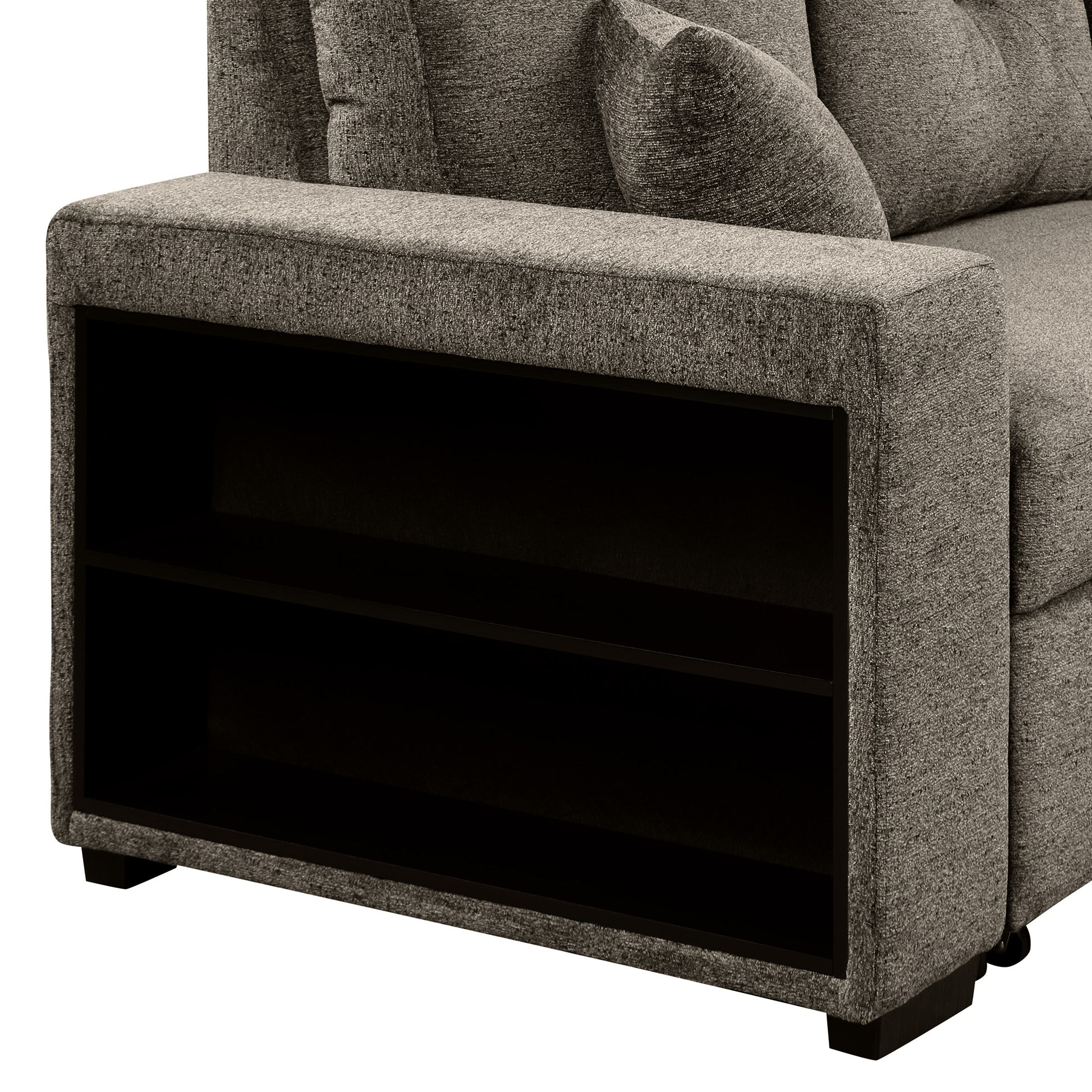 Gray fabric sofa armrest with builtin dark wood shelving unit perfect for modern living rooms
