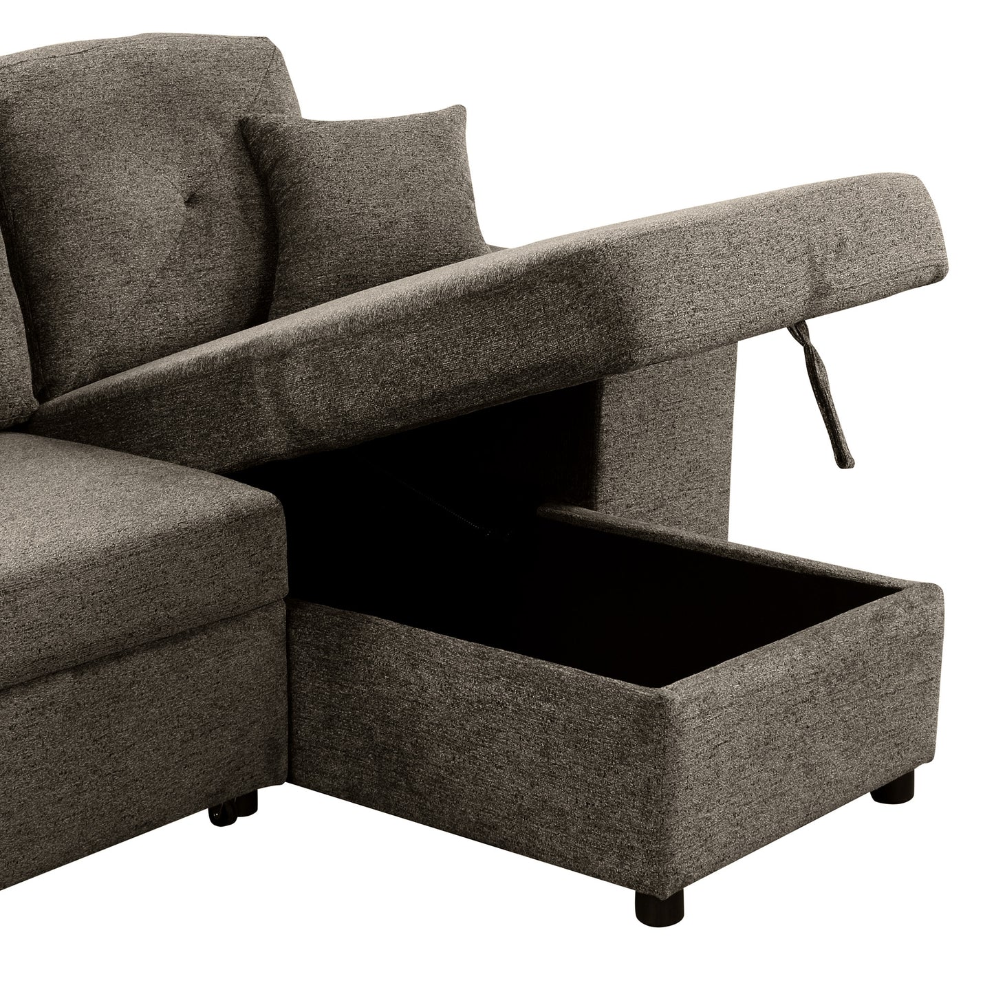 Dark gray sectional sofa with revealed storage compartment in chaise