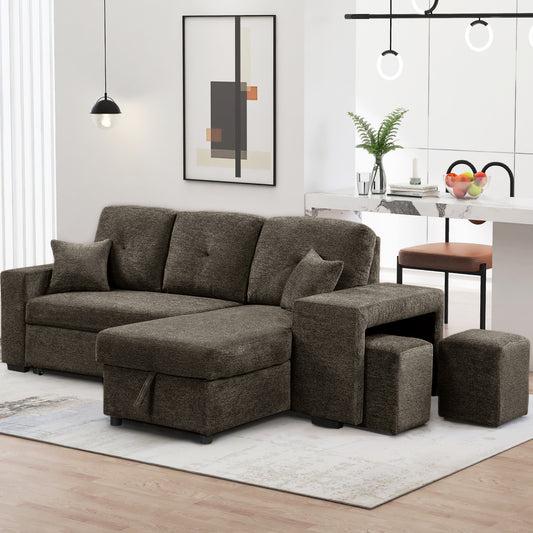 Dark grey fabric sectional sofa with storage ottomans and accent pillows for modern living rooms