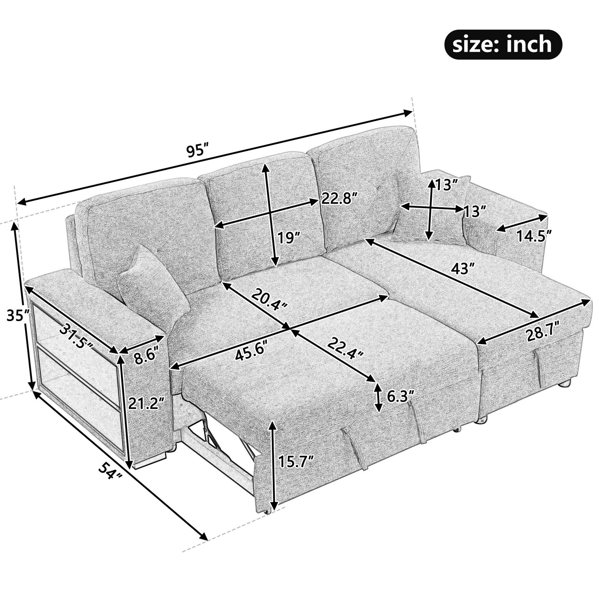 Sketch of a sectional sofa bed with dimensions indicating a inch width and inch depth for the chaise