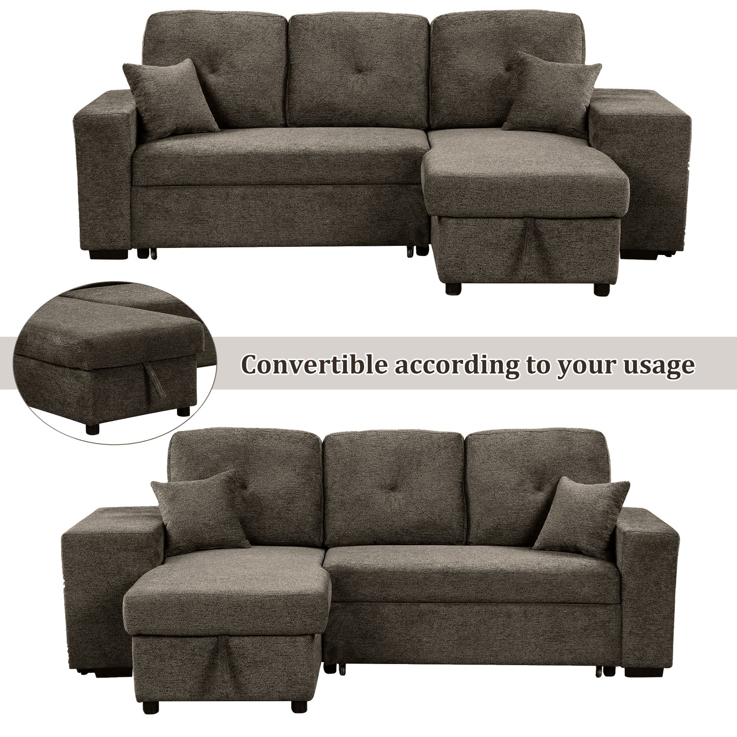 Dark grey fabric sectional sofa with chaise and storage ottoman