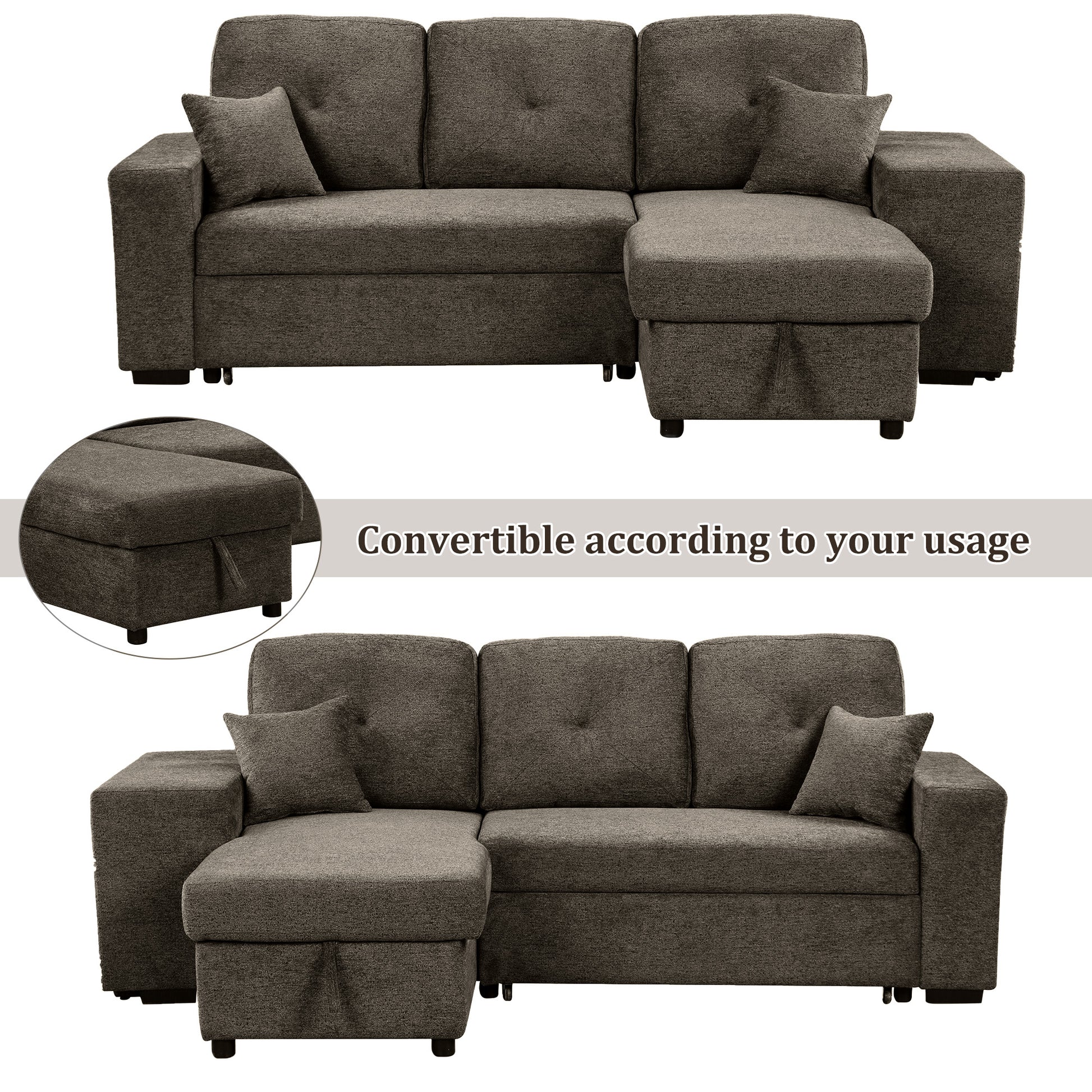 Dark grey fabric sectional sofa with chaise and storage ottoman