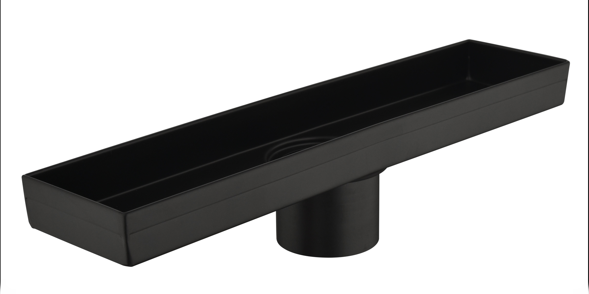 Matte black linear shower drain with a rectangular basin and central outlet pipe