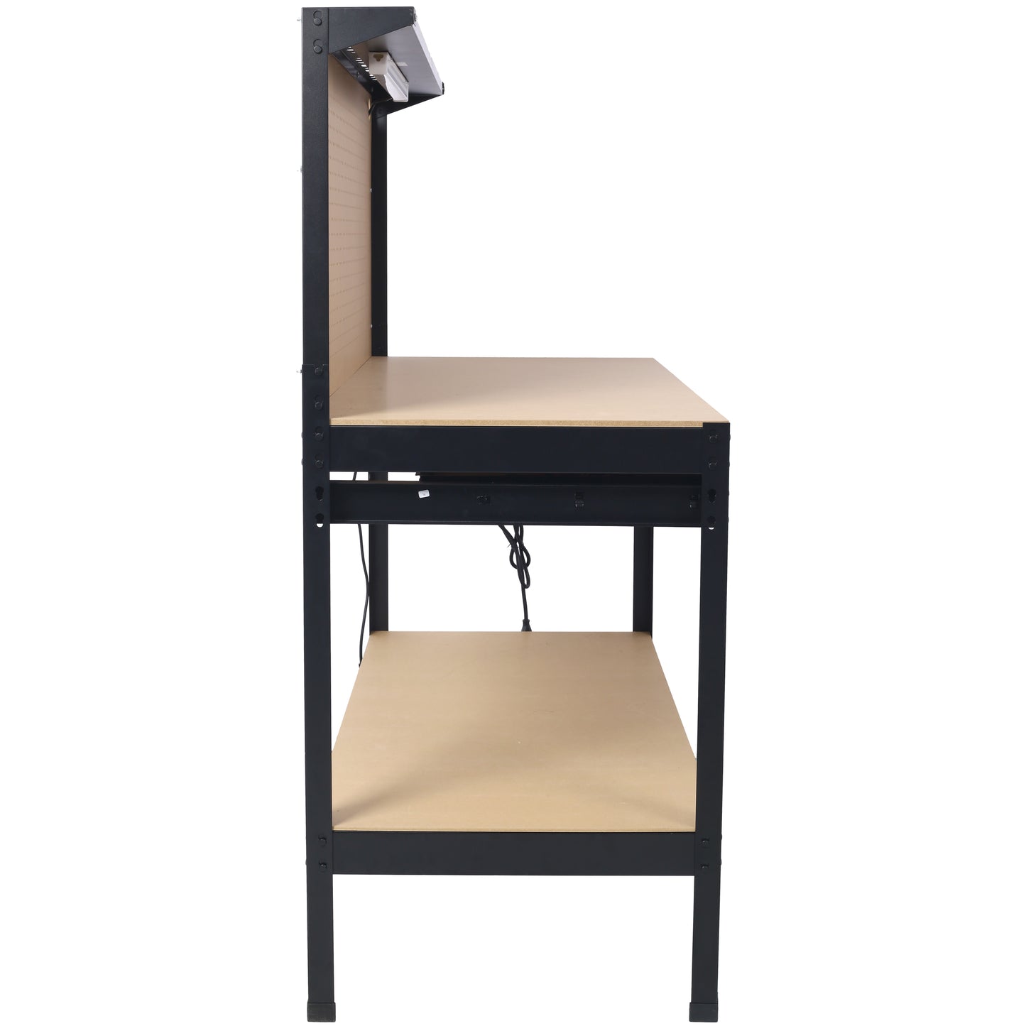 Heavyduty workbench with steel frame pegboard back and overhead light
