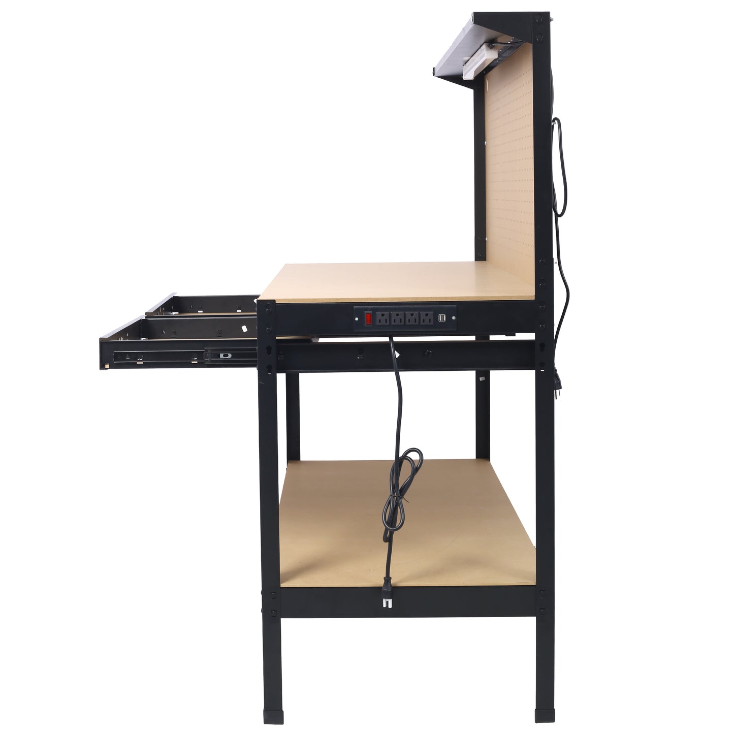 Black steel workbench with integrated power strip and LED light ideal for workshop organization