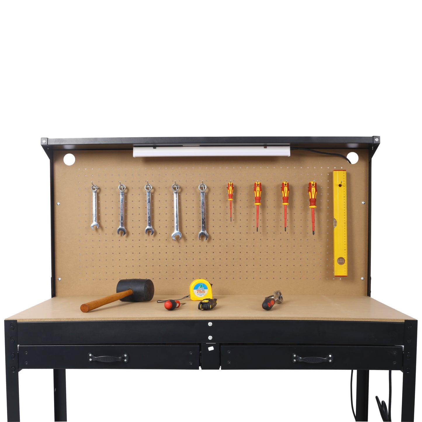 Assorted wrenches and screwdrivers hang on a pegboard above a workbench