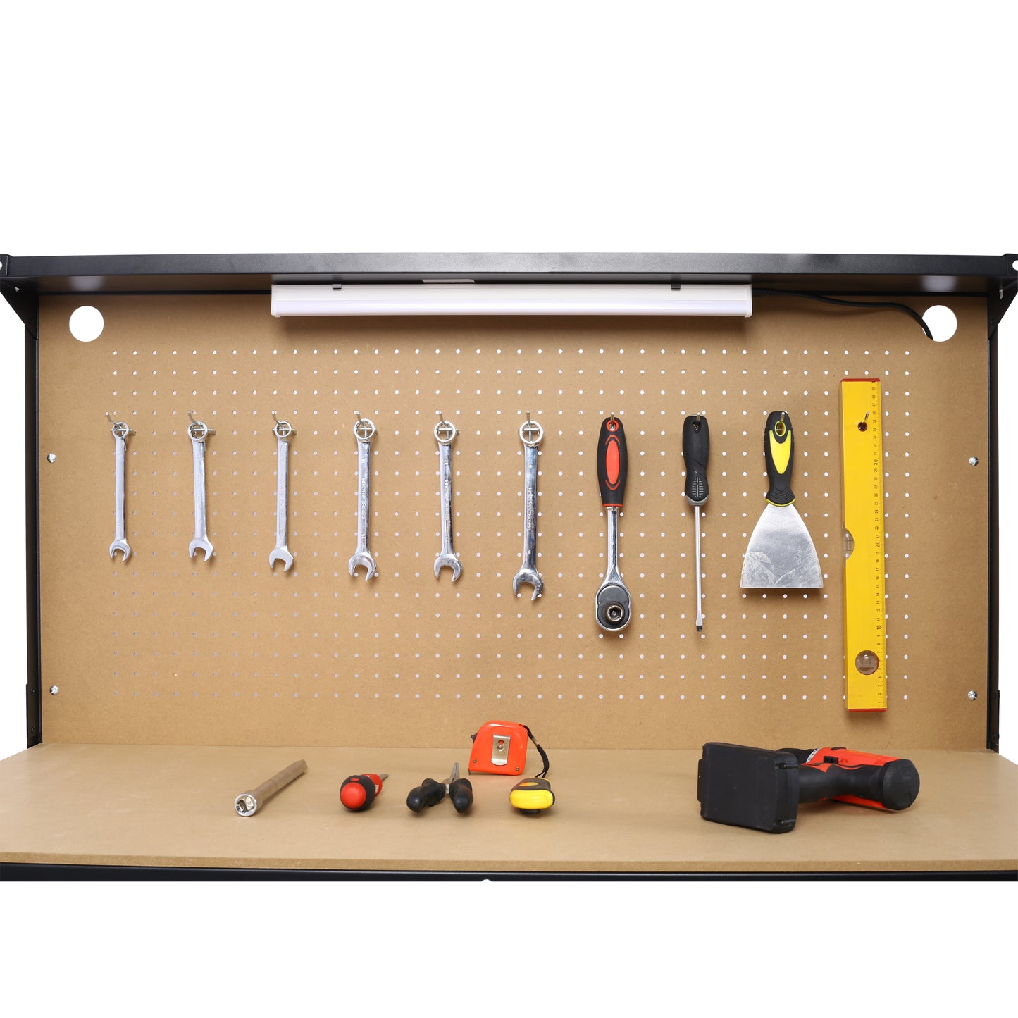 Assortment of chrome vanadium wrenches hanging on a pegboard