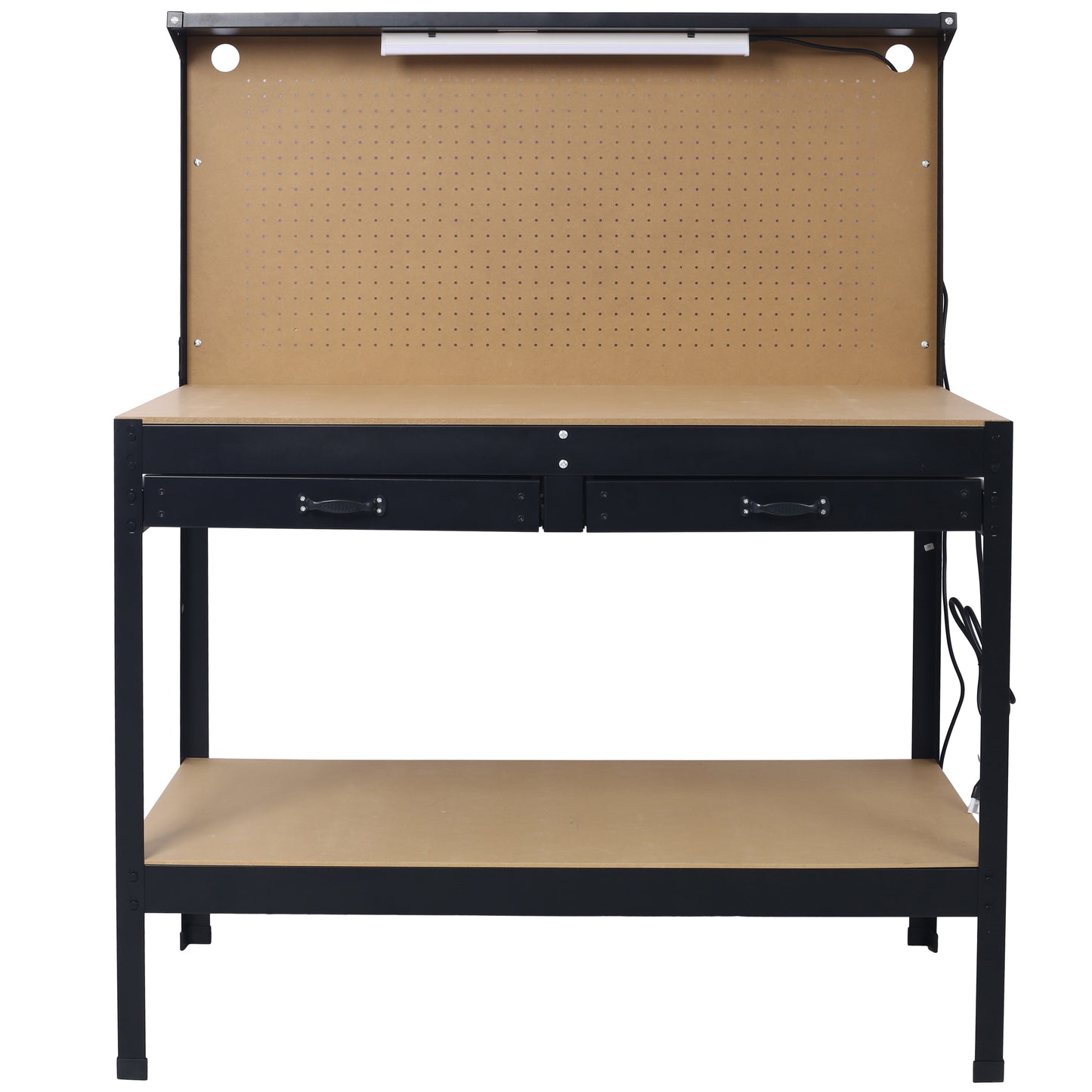 Sturdy black metal workbench with pegboard back two drawers and a lower shelf for storage