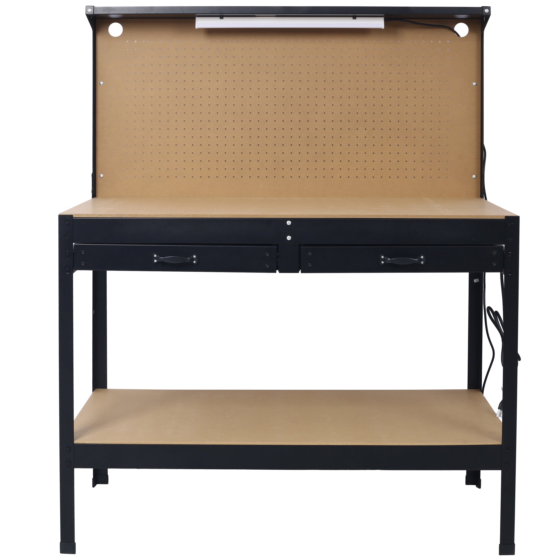 Sturdy black metal workbench with pegboard back two drawers and a lower shelf for storage