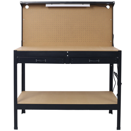 Sturdy black metal workbench with pegboard back two drawers and a lower shelf for storage