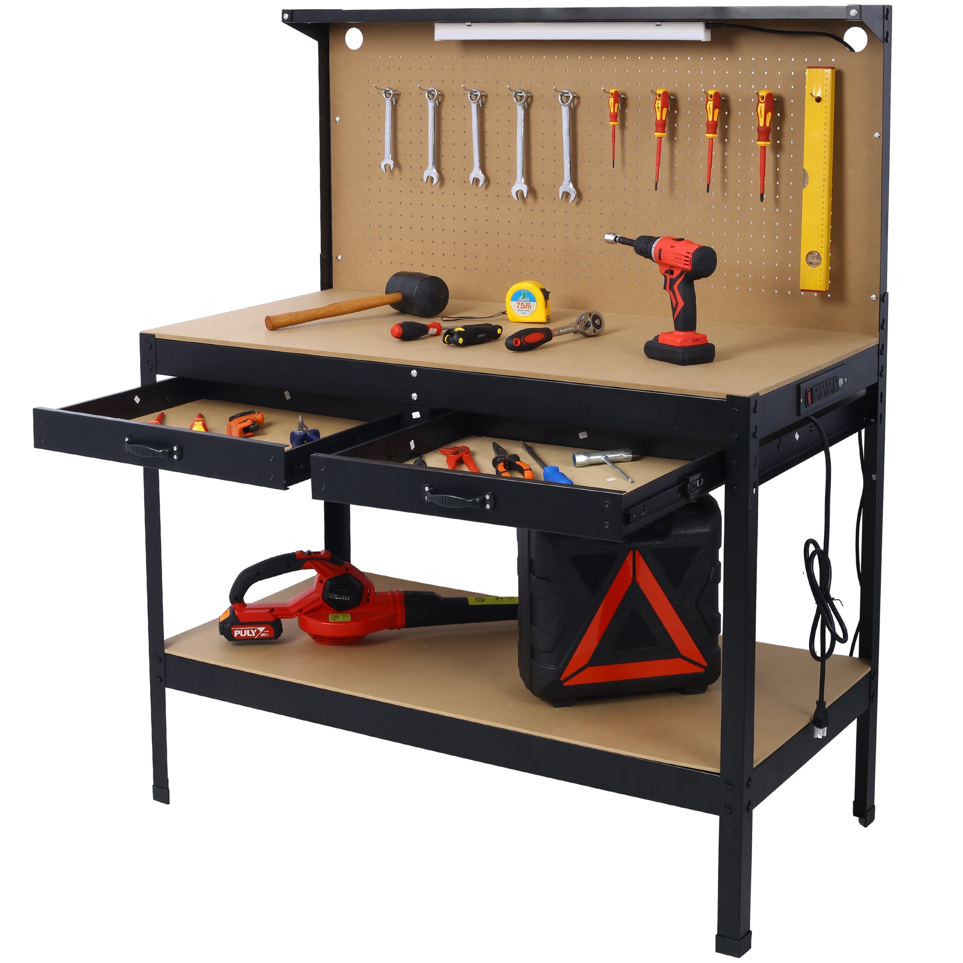 Heavyduty workbench with pegboard integrated power strip and organized drawers for tools