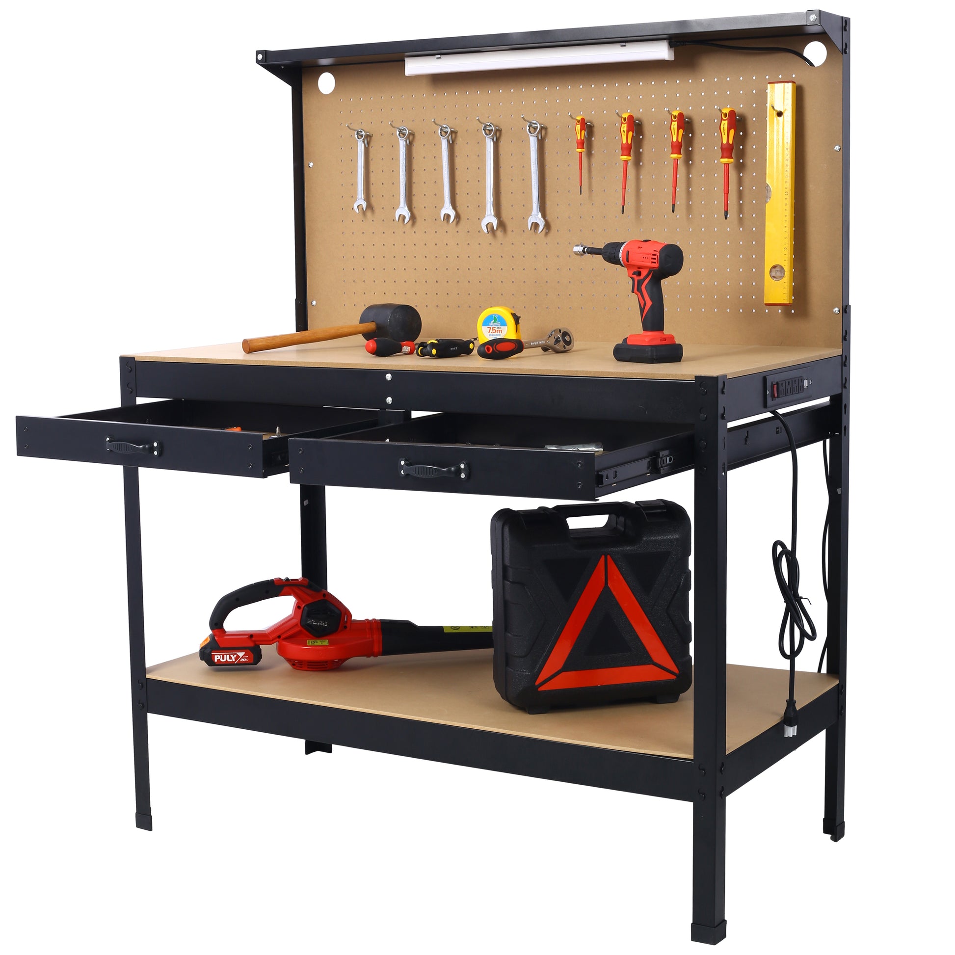 Black metal workbench with pegboard drawers and integrated power strip featuring tools like a drill and blower