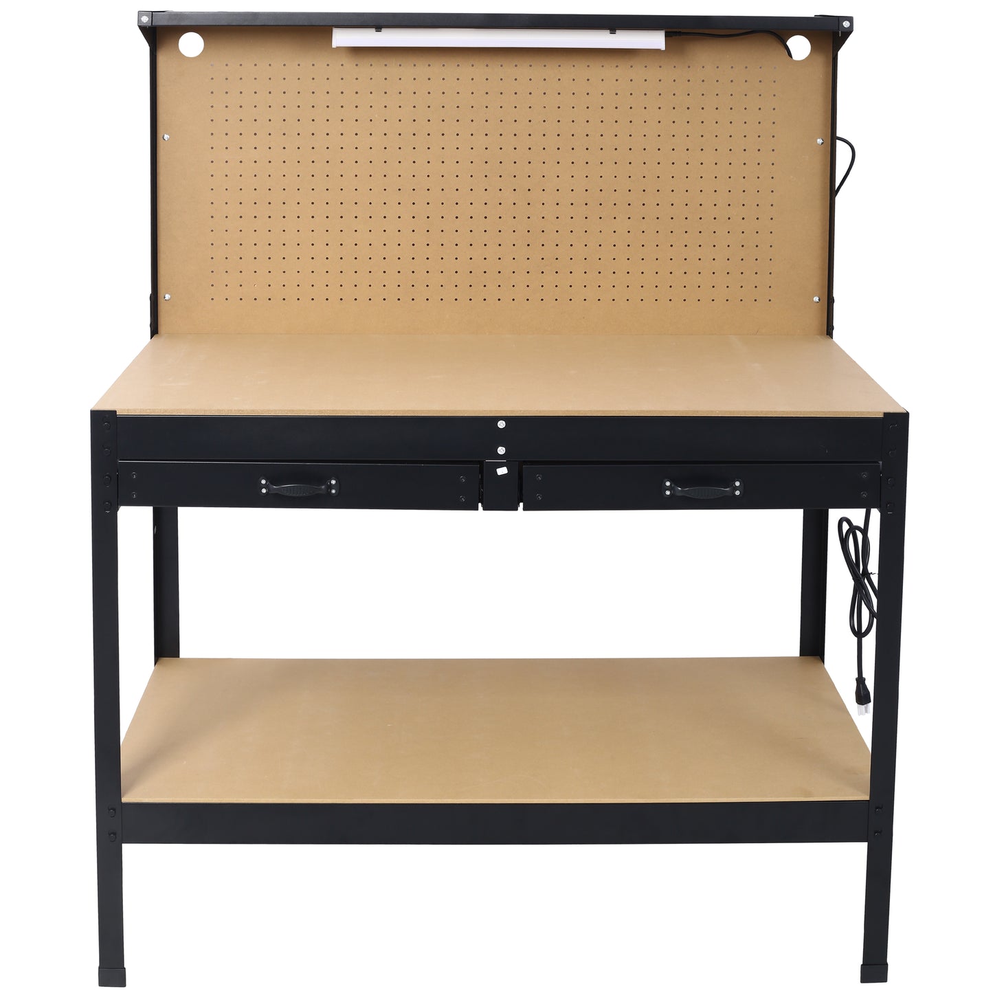 Black metal workbench with pegboard back and builtin LED light for workshop projects