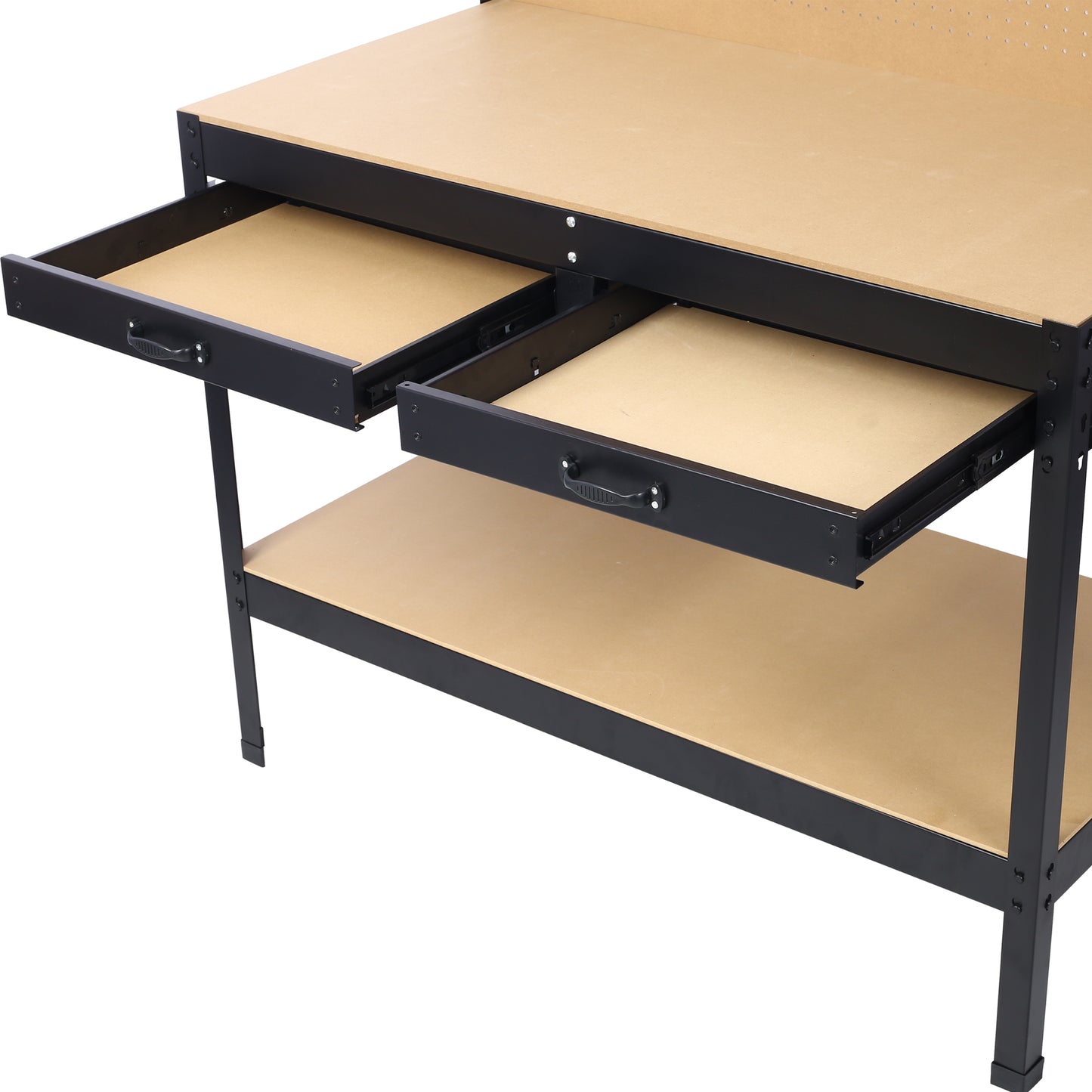 Heavy duty workbench with two pullout drawers and a bottom shelf ideal for workshops
