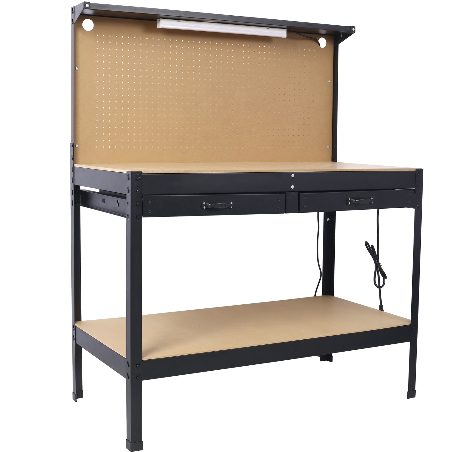 Heavyduty workbench with LED light two drawers and pegboard back