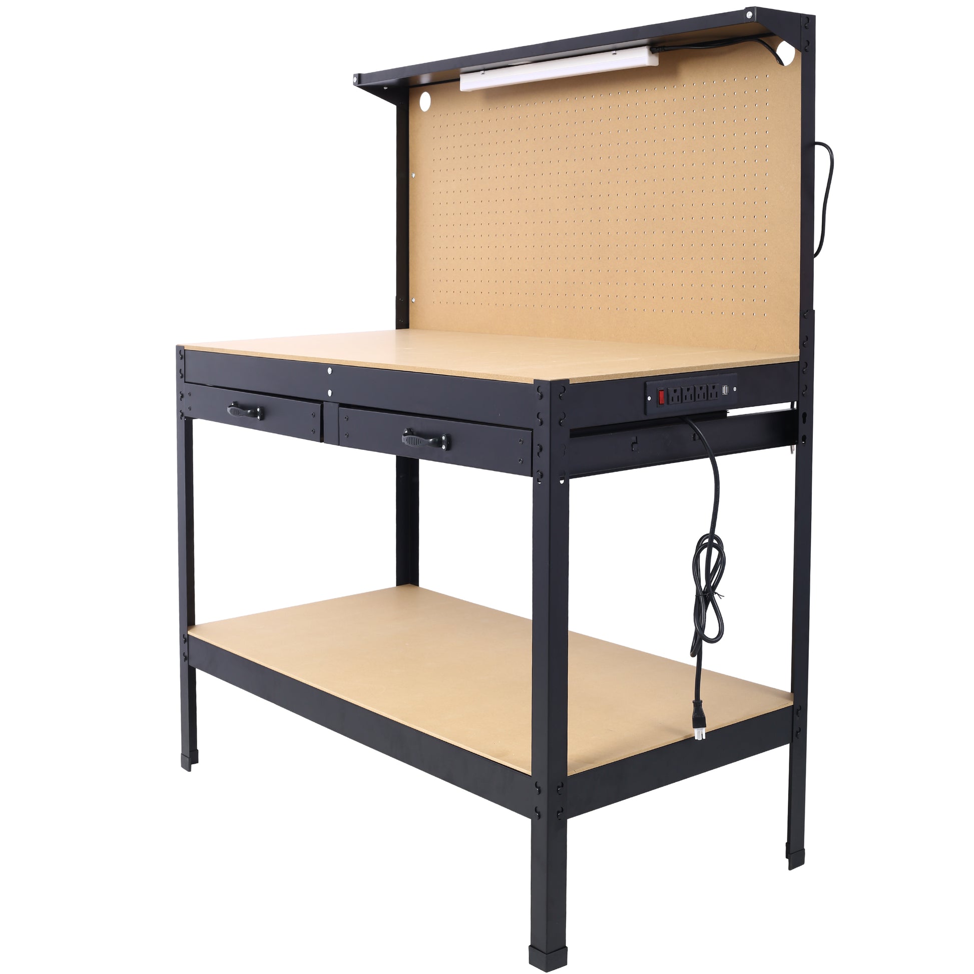 Heavy duty workbench with drawers pegboard LED light and integrated power strip