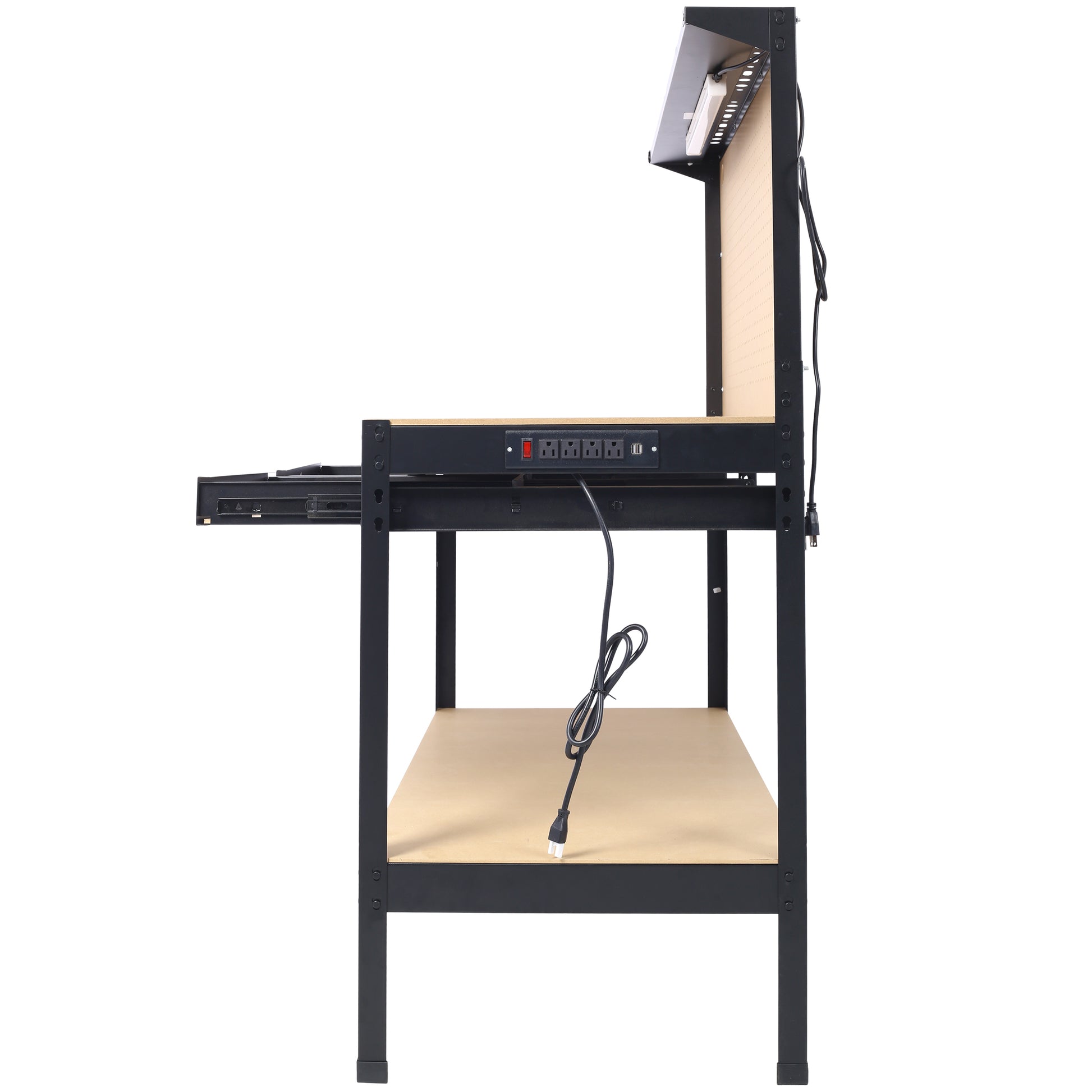Black metal workbench with builtin power strip and USB ports for workshop use
