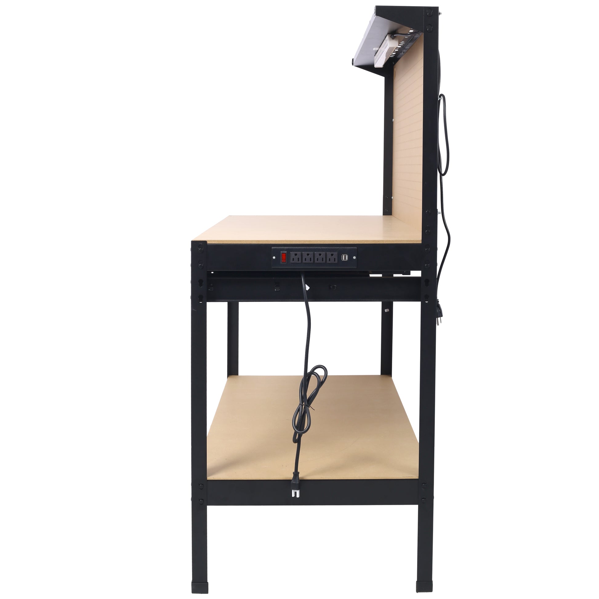 Black steel workbench with builtin power strip and USB ports for workshop convenience