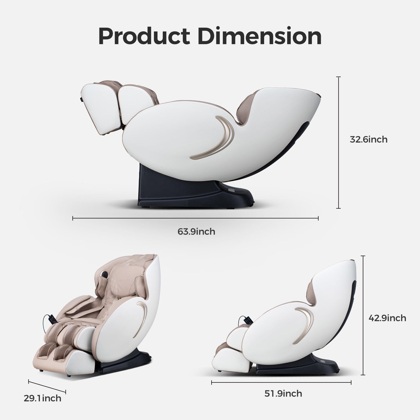 Luxury beige and white zero gravity massage chair dimensions showing length width and height