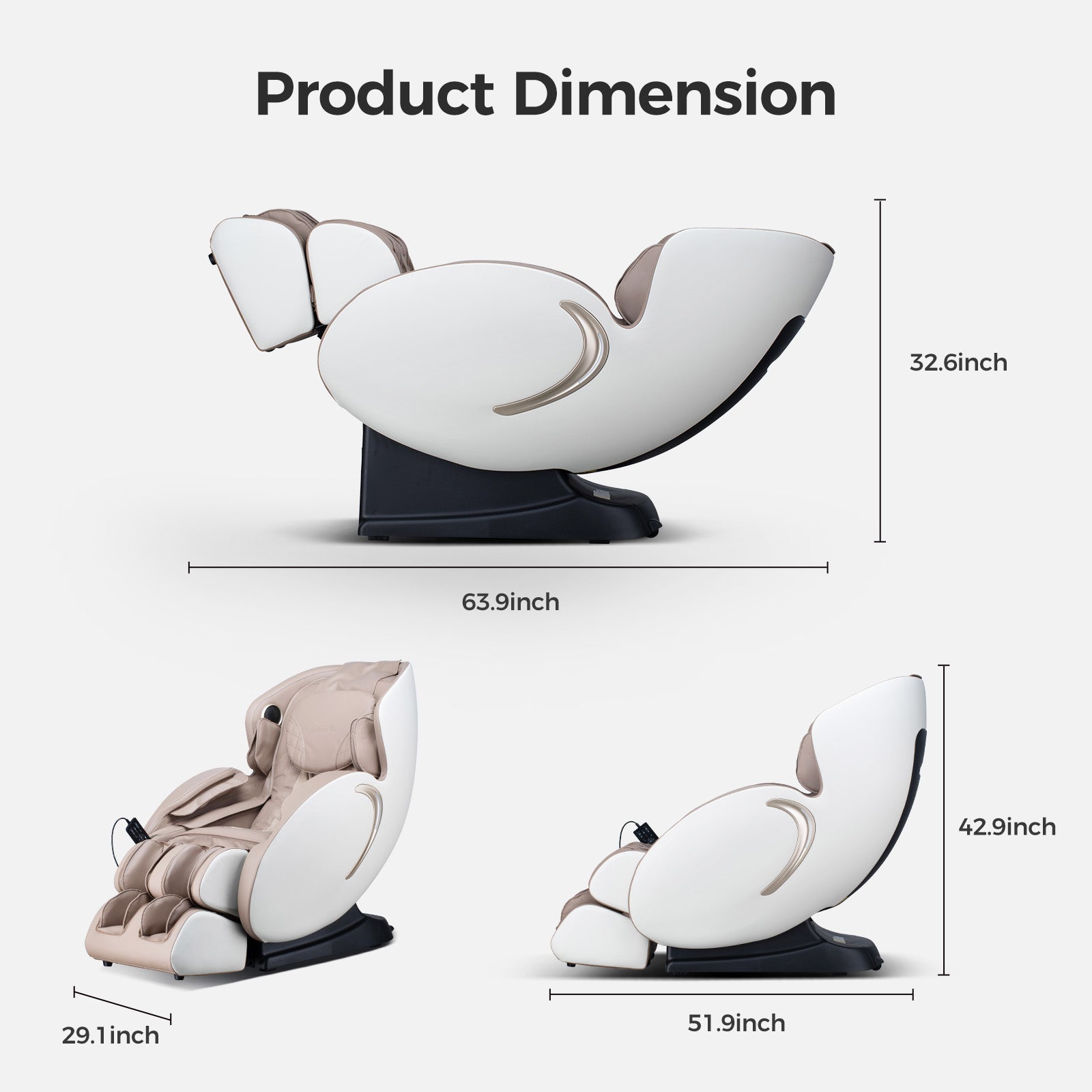 Luxury beige and white zero gravity massage chair dimensions showing length width and height