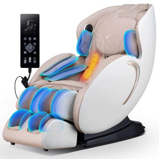 Luxury beige reclining massage chair with targeted air compression perfect for home relaxation