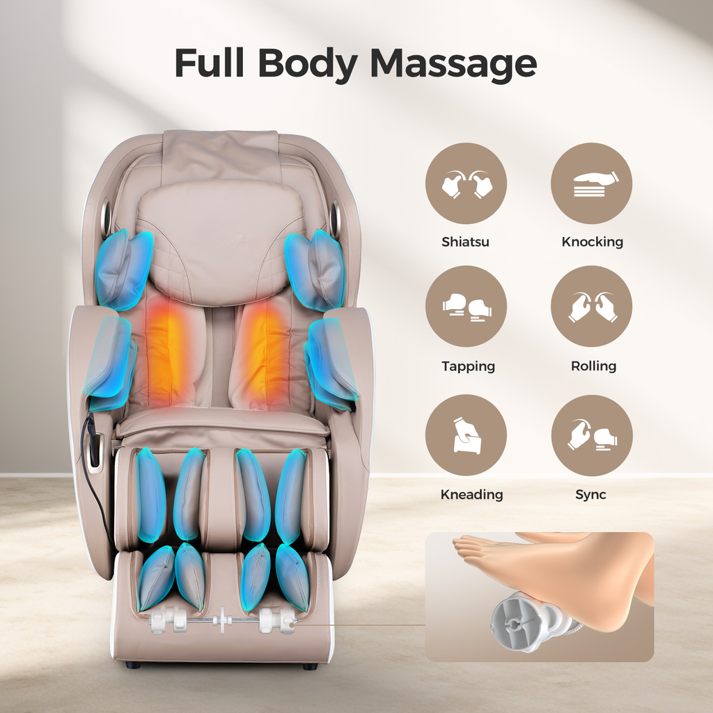 Beige full body massage chair with advanced shiatsu tapping and kneading functions