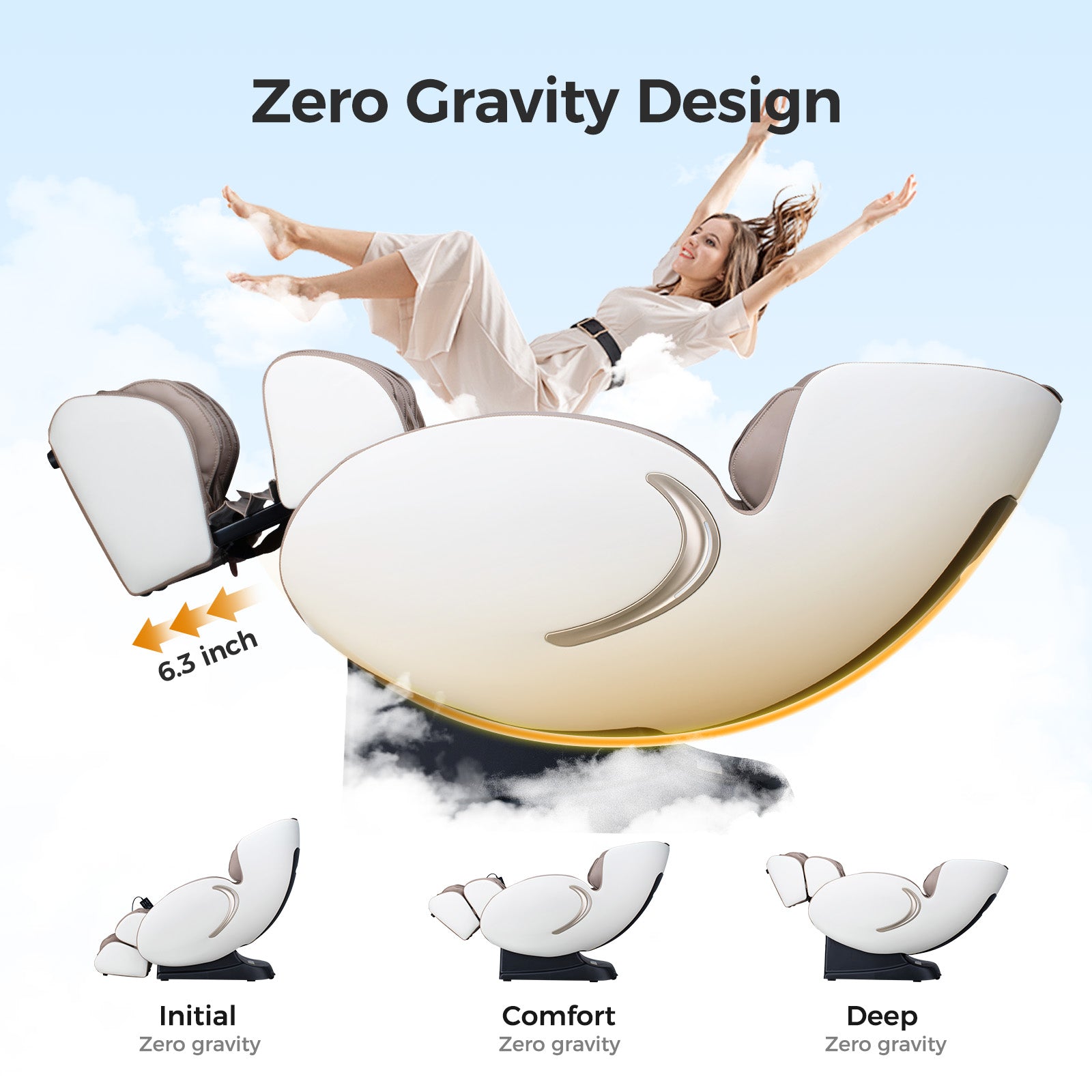 White massage chair with zero gravity design featuring adjustable leg rest