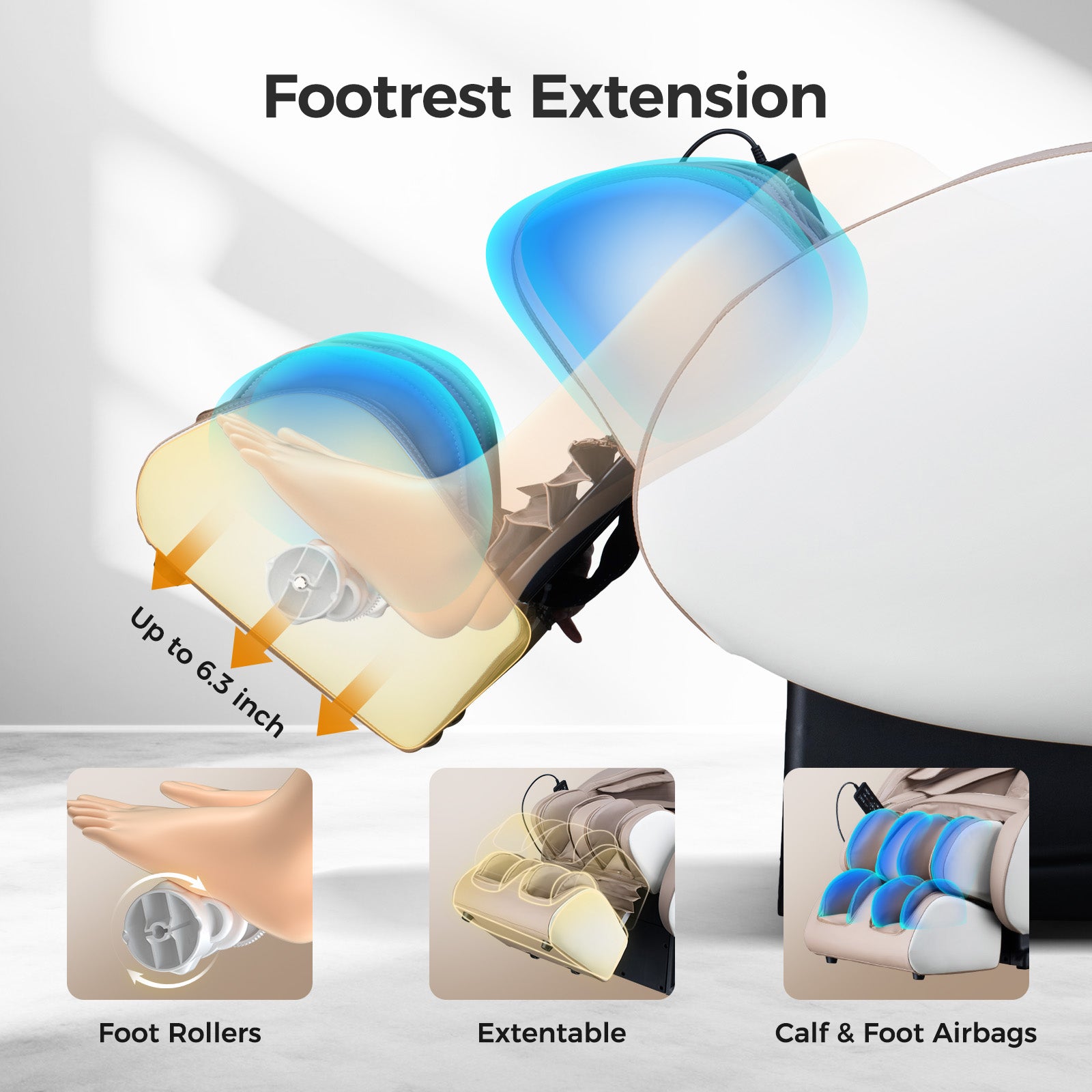 Massage chair with extendable footrest for users up to  inches longer
