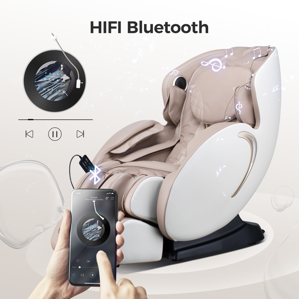 Luxury beige zero gravity massage chair with HIFI Bluetooth connectivity