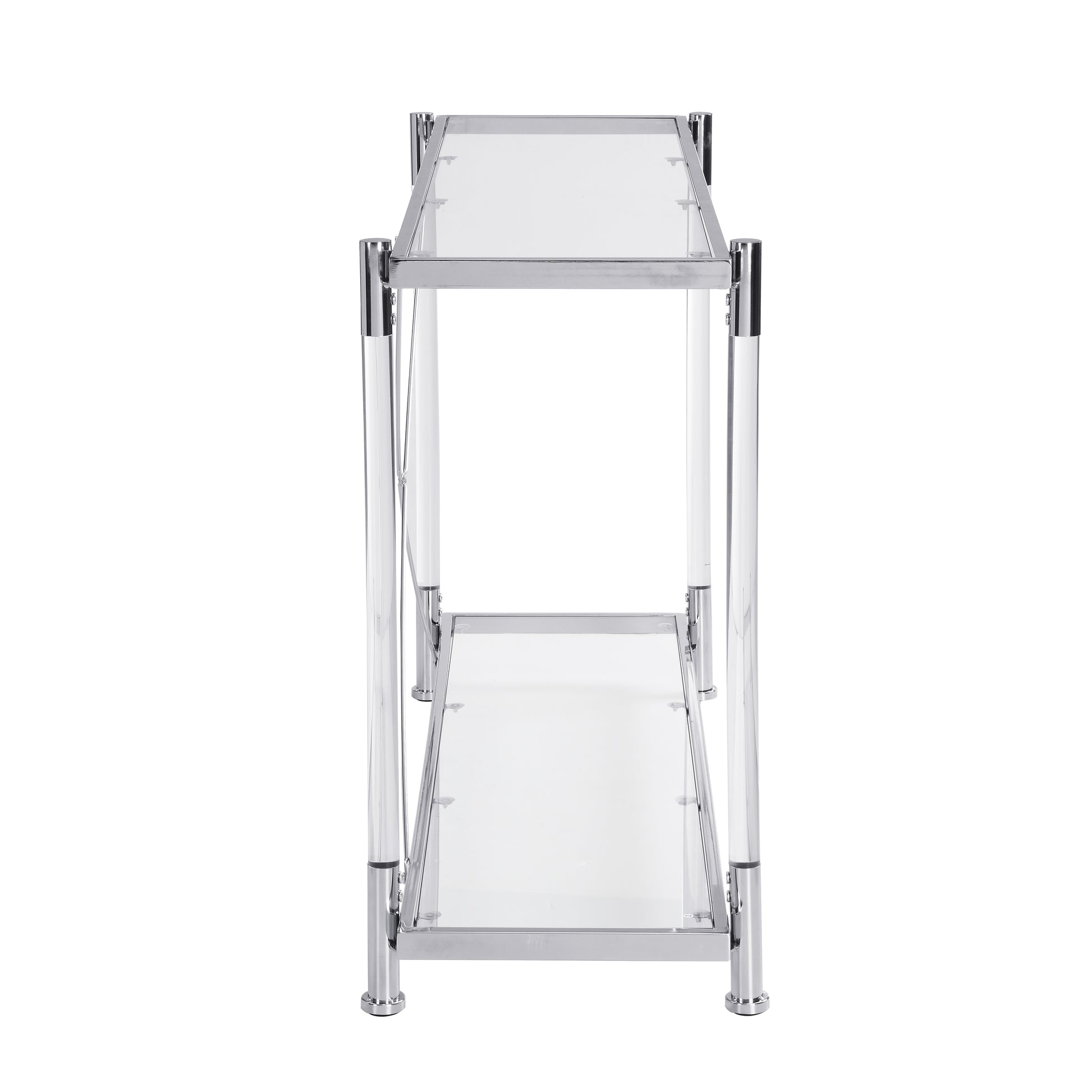 Sleek twotier chrome and glass console table with clear acrylic legs