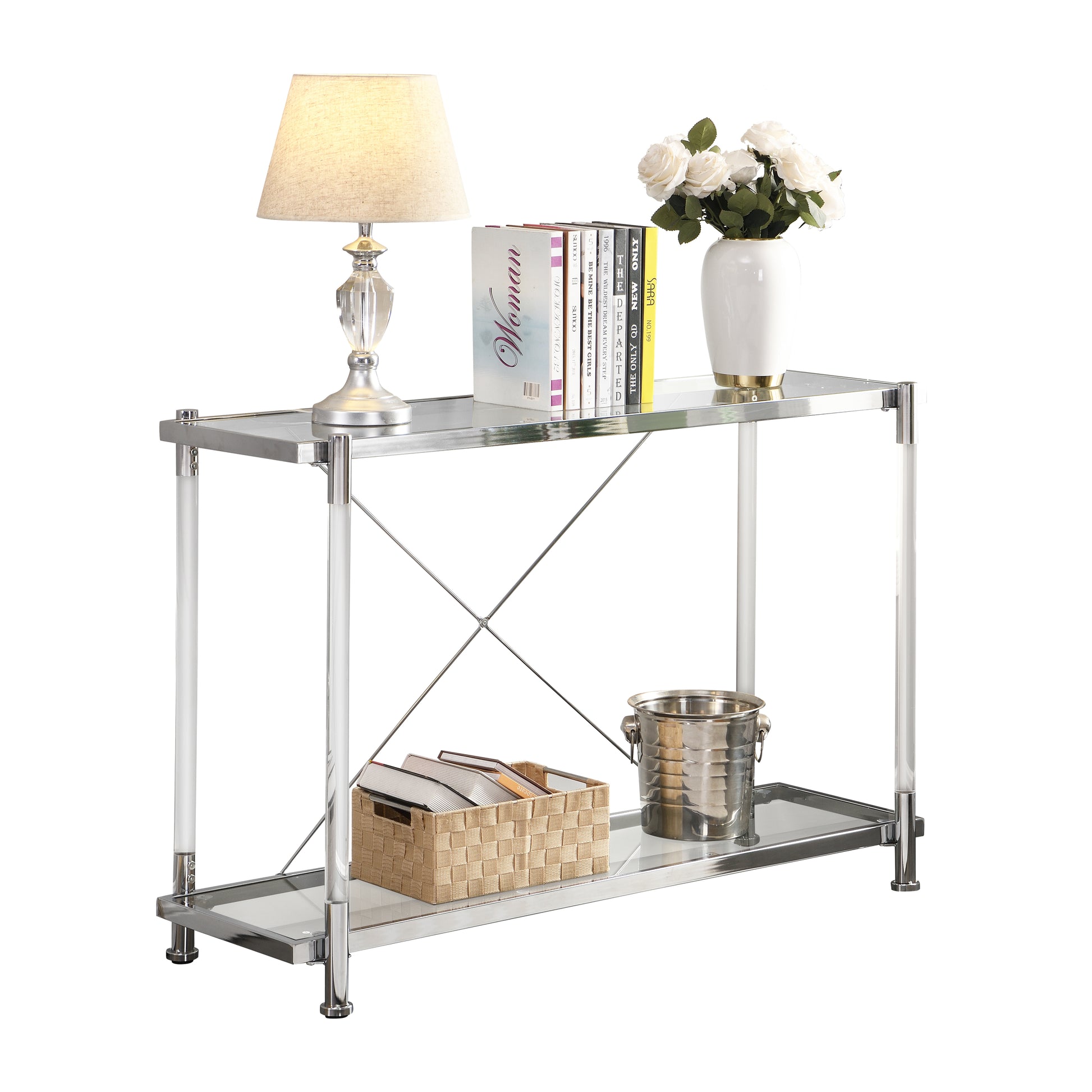Sleek chrome and glass console table with modern clear acrylic legs and decorative accents