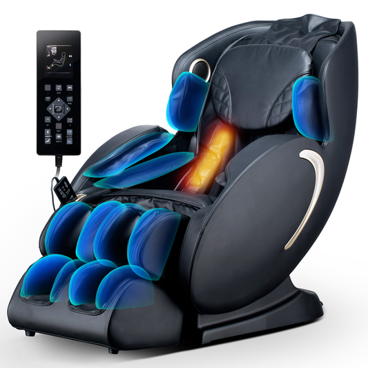 Luxury black leather massage chair with illuminated blue air cushions and heating element