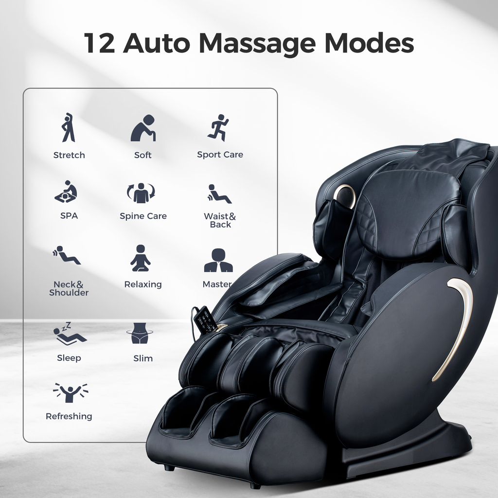 Black massage chair with  auto massage modes including Stretch Soft Sport SPA