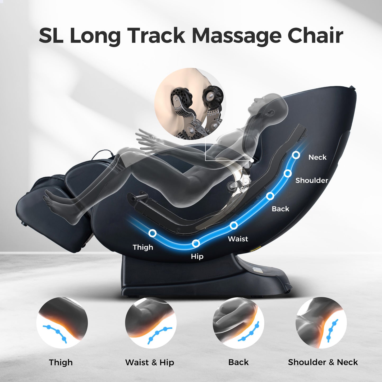 Black SL track massage chair with body diagram showing massage zones