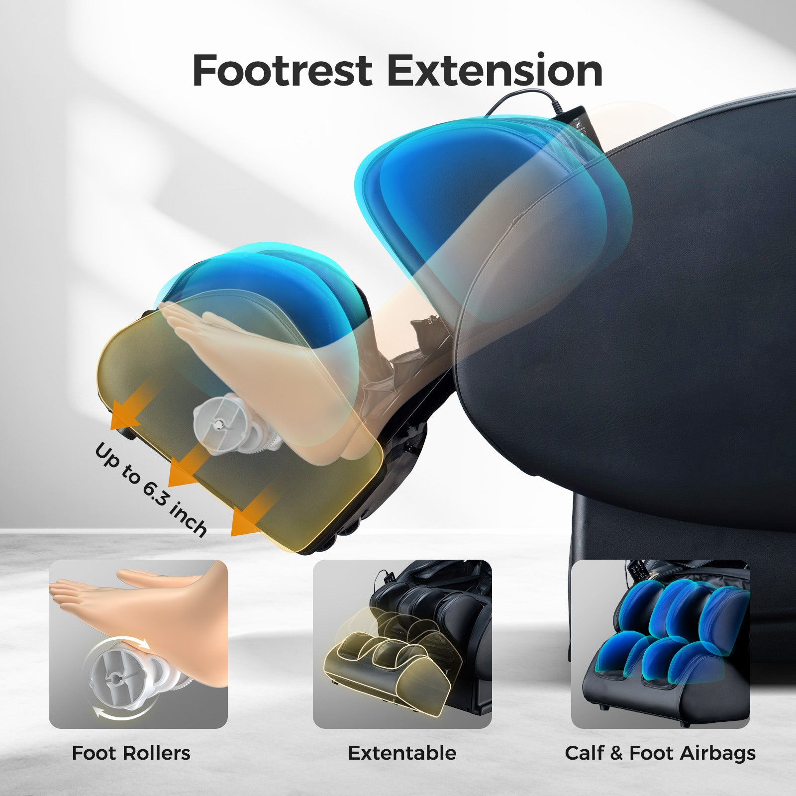 Massage chair footrest extension with visible foot rollers and calf airbags for ultimate comfort