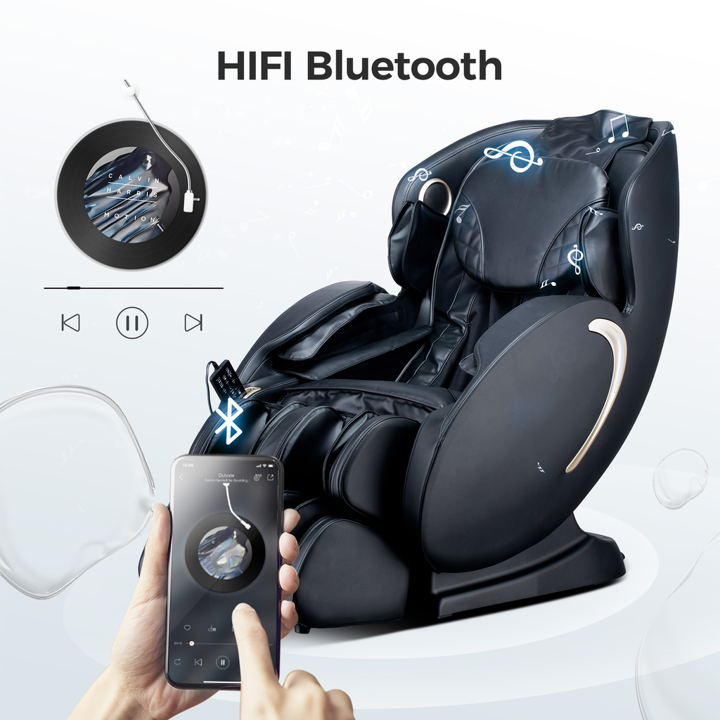 Black HIFI Bluetooth massage chair with integrated speaker system for ultimate relaxation