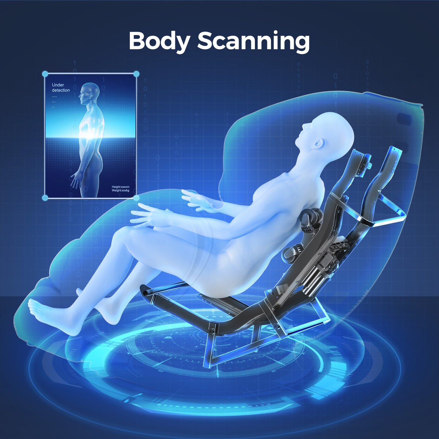 Futuristic body scanning technology with a digital human silhouette and measurement display