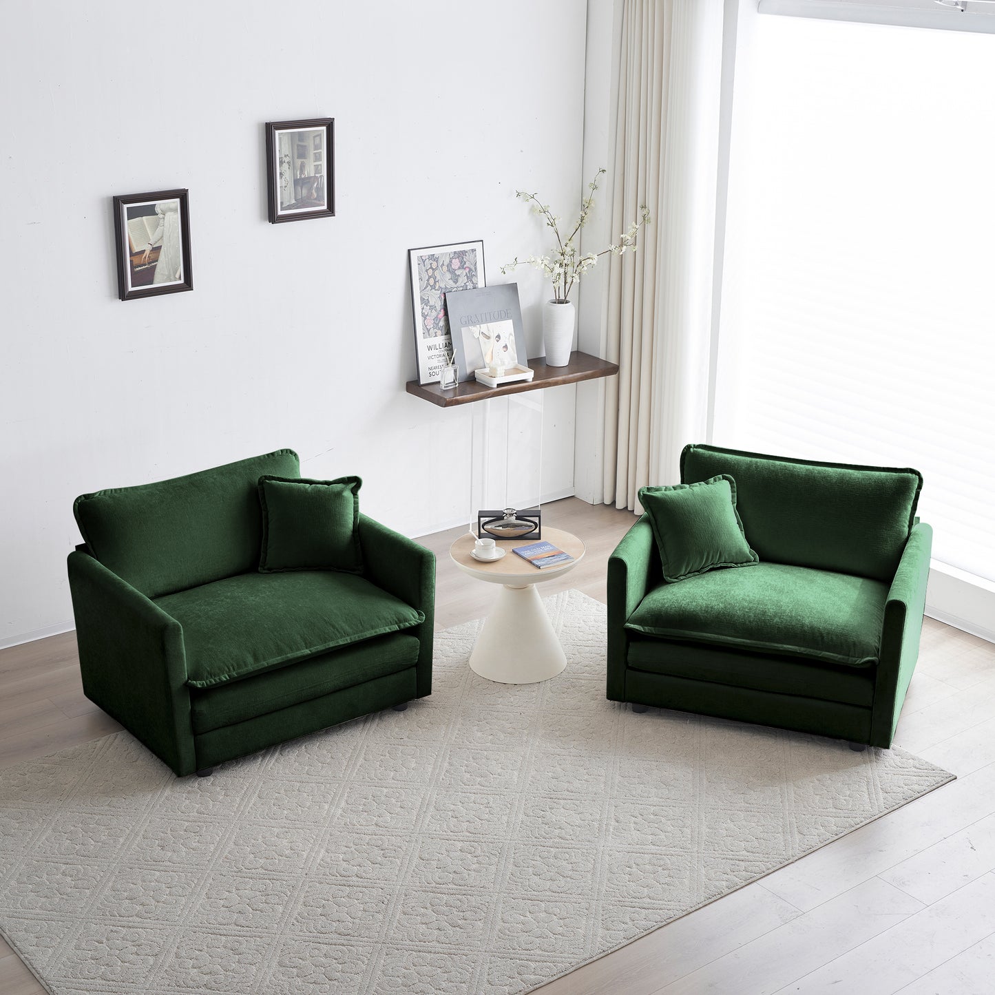 Plush emerald green velvet armchair with matching throw pillow