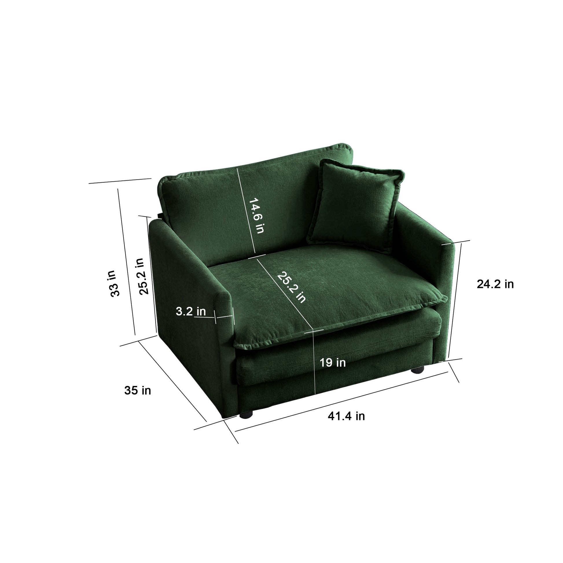 Deep green velvet accent chair with plush cushions and clear dimension labels