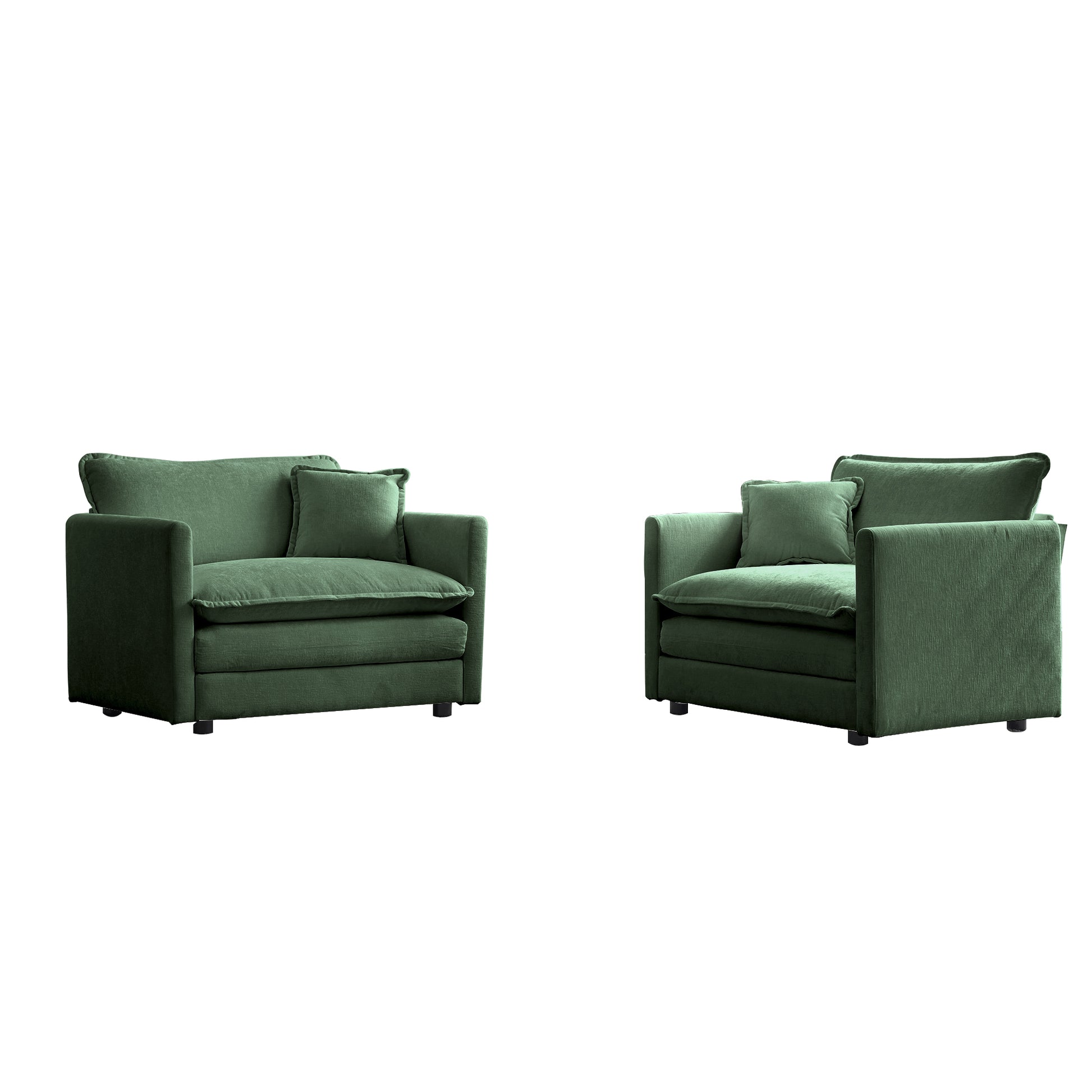 Two green corduroy armchairs with plush cushions and modern black legs
