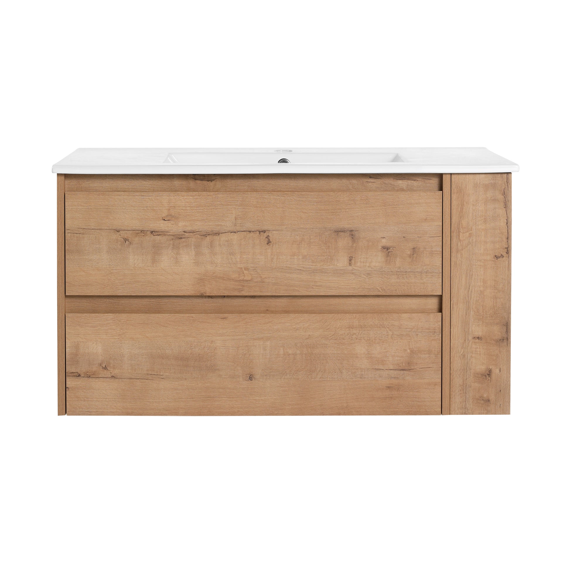 Modern wallmounted bathroom vanity with two drawers in light oak finish