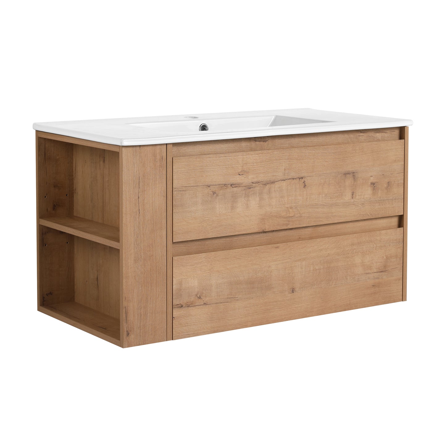 Modern oak vanity with white ceramic top two drawers and open shelving