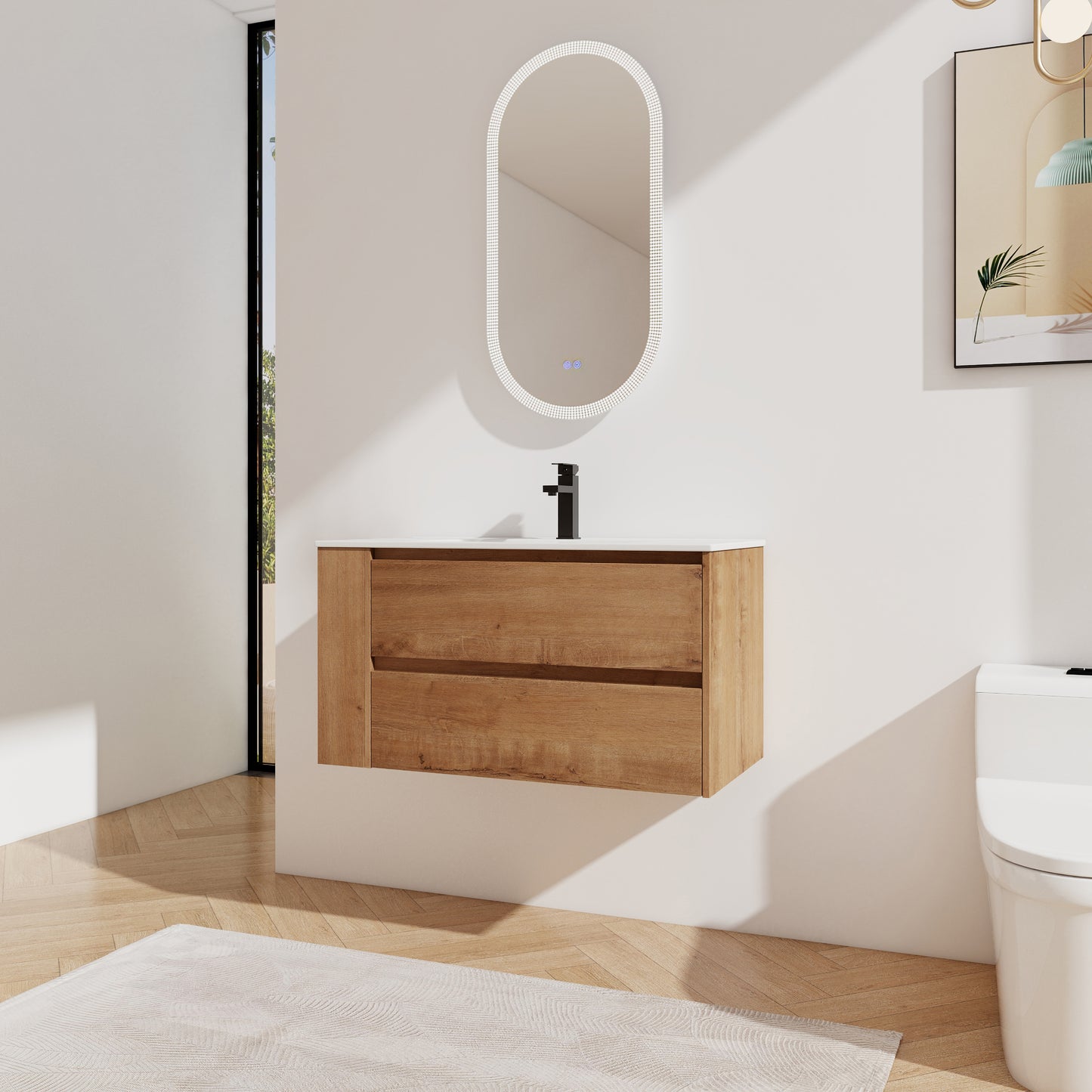 Modern oak vanity with two drawers and a white countertop featuring a black faucet