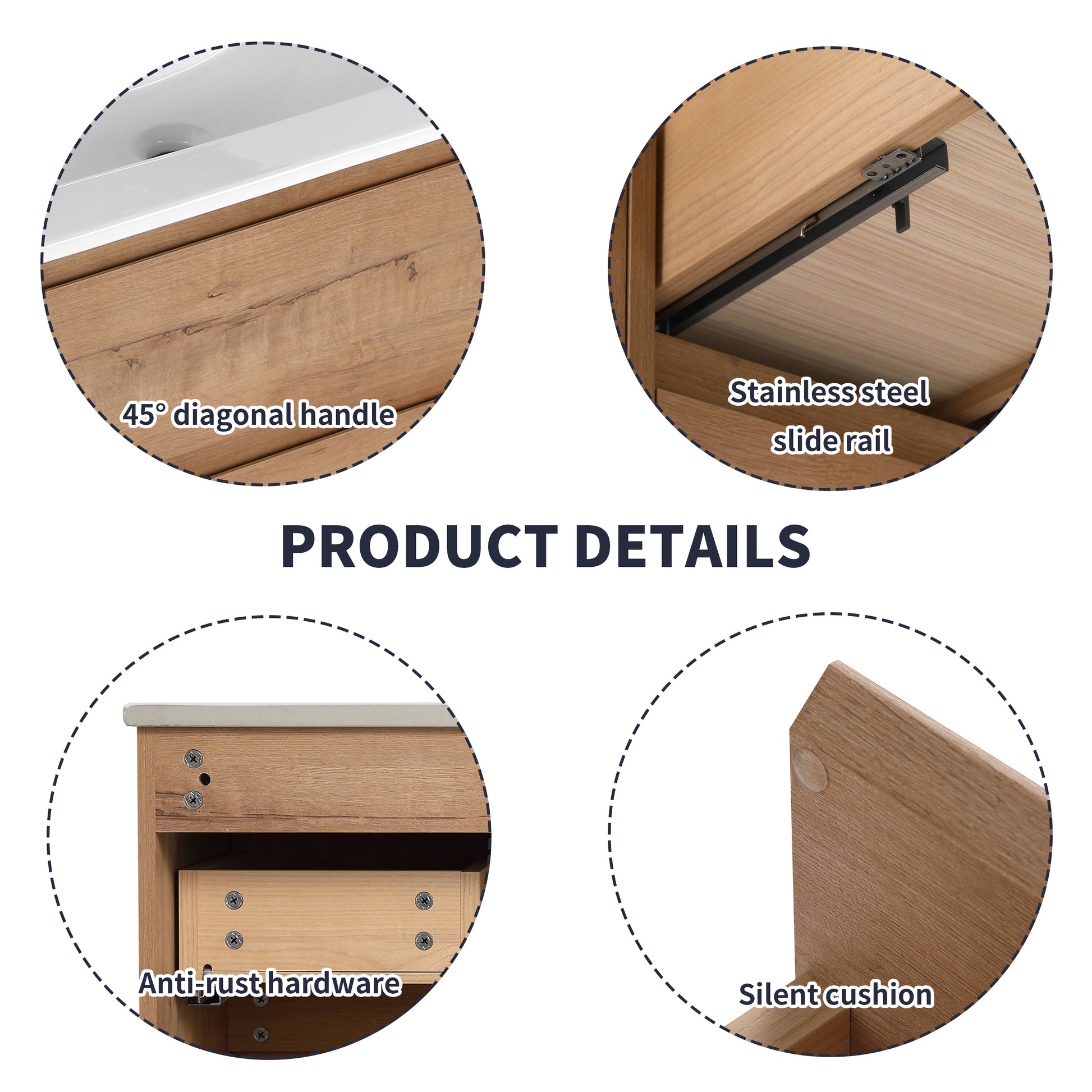 Natural oak finish vanity with  diagonal handle for modern design