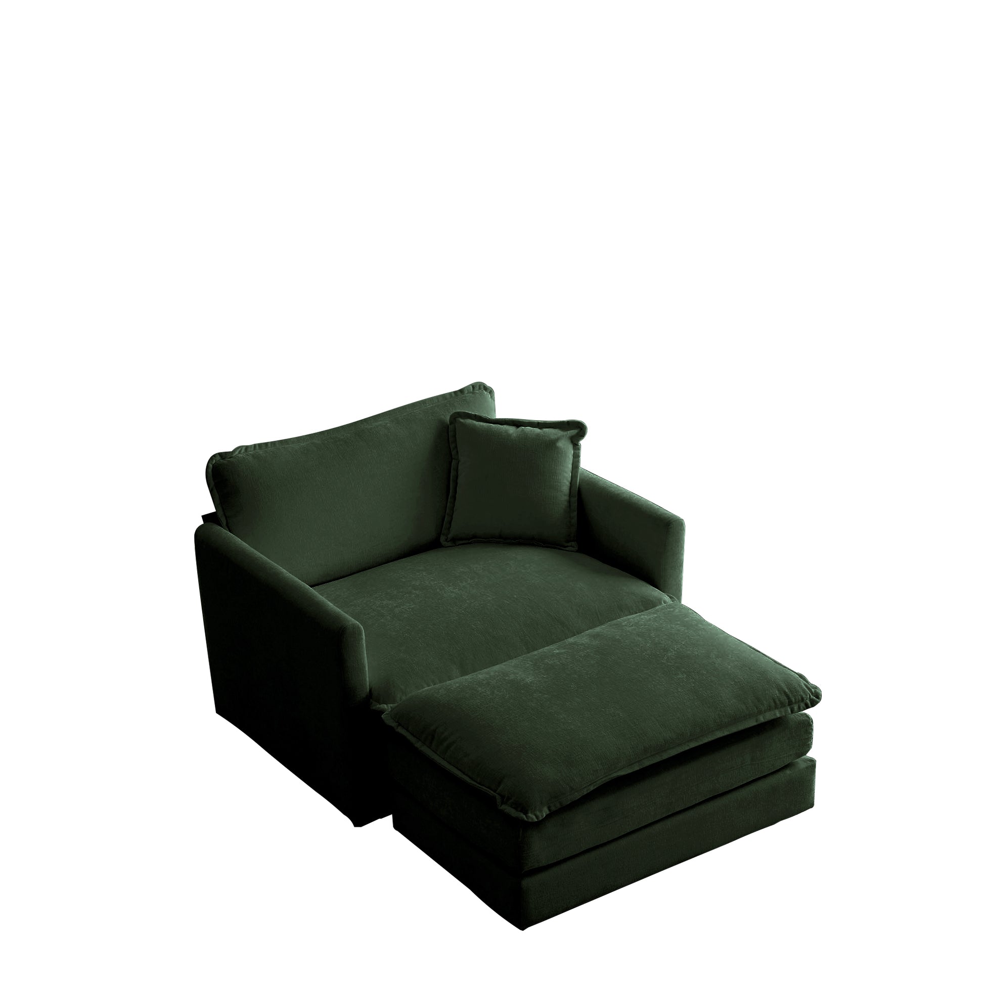 Dark green velvet chaise lounge with ottoman and accent pillow