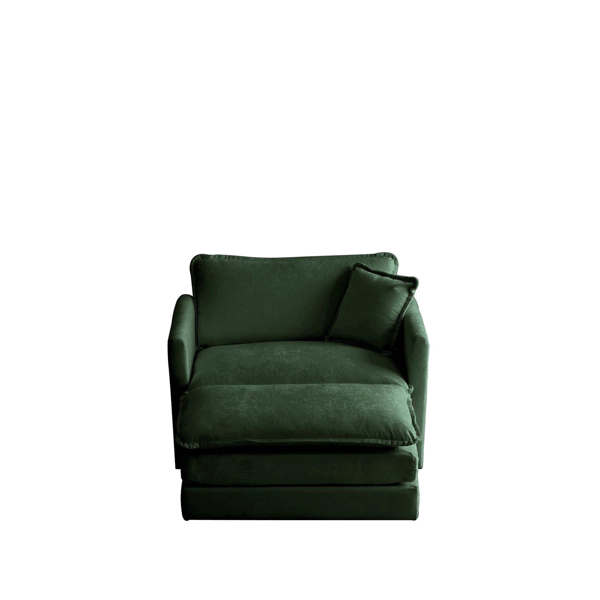 Dark green upholstered sofa bed with reclined footrest and matching pillow