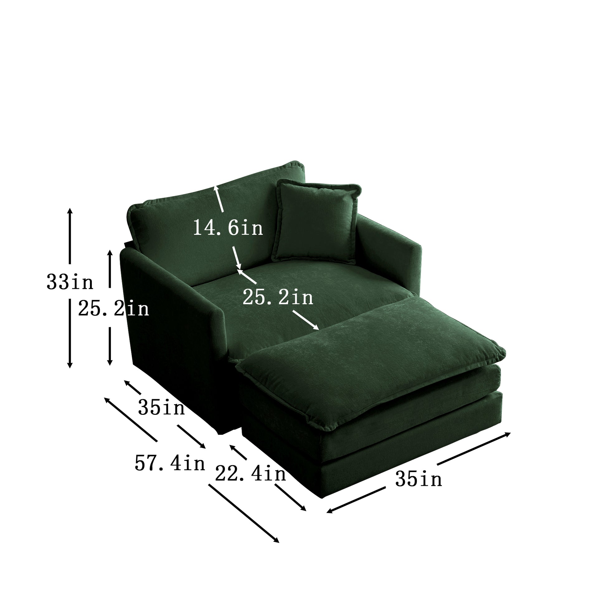 Deep green velvet chaise lounge with ottoman and accent pillow in high